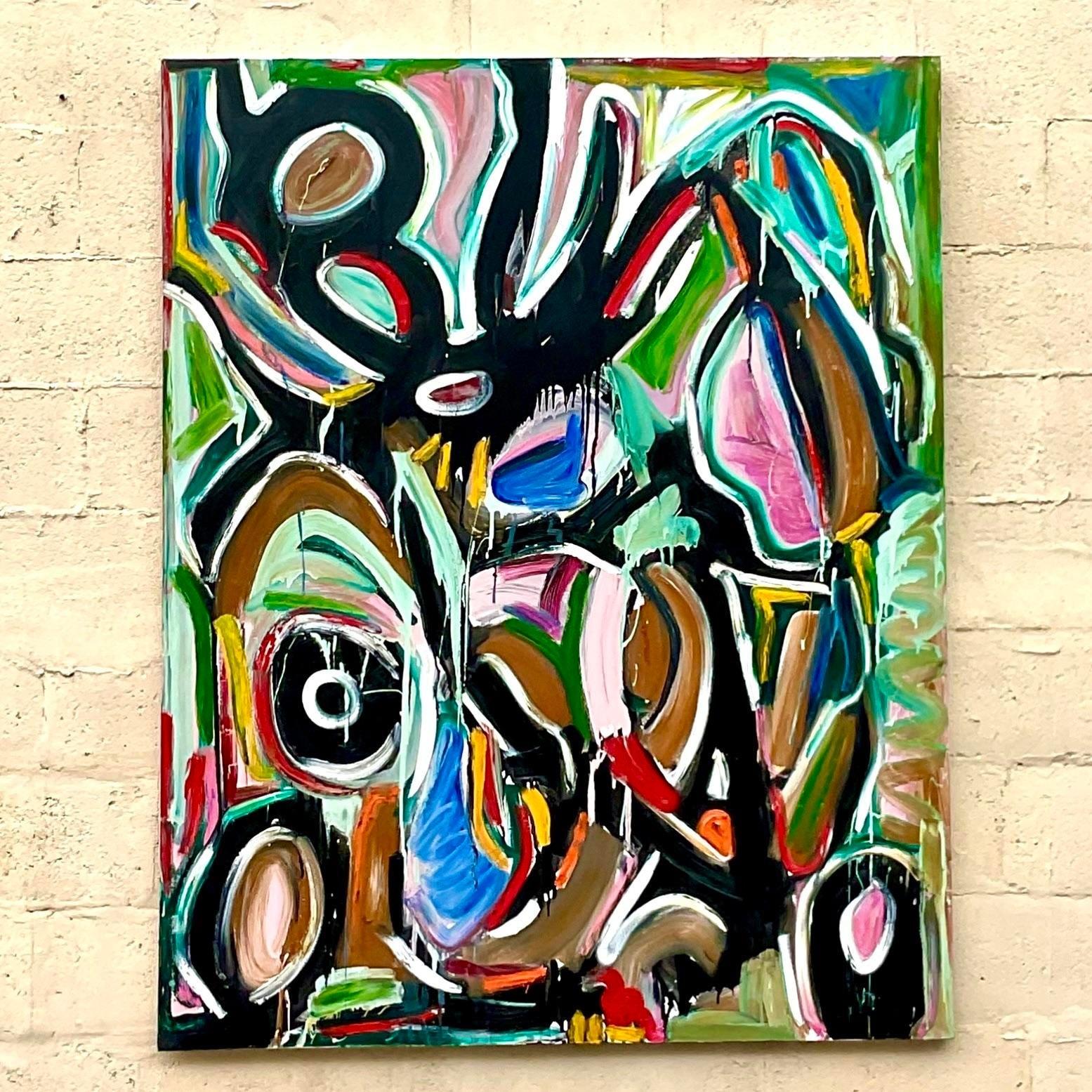 Un eccezionale olio su tela vintage Boho Original. Una composizione astratta chic dai colori brillanti. Firmato e datato dall'artista. Acquistato da una proprietà di Palm Beach.