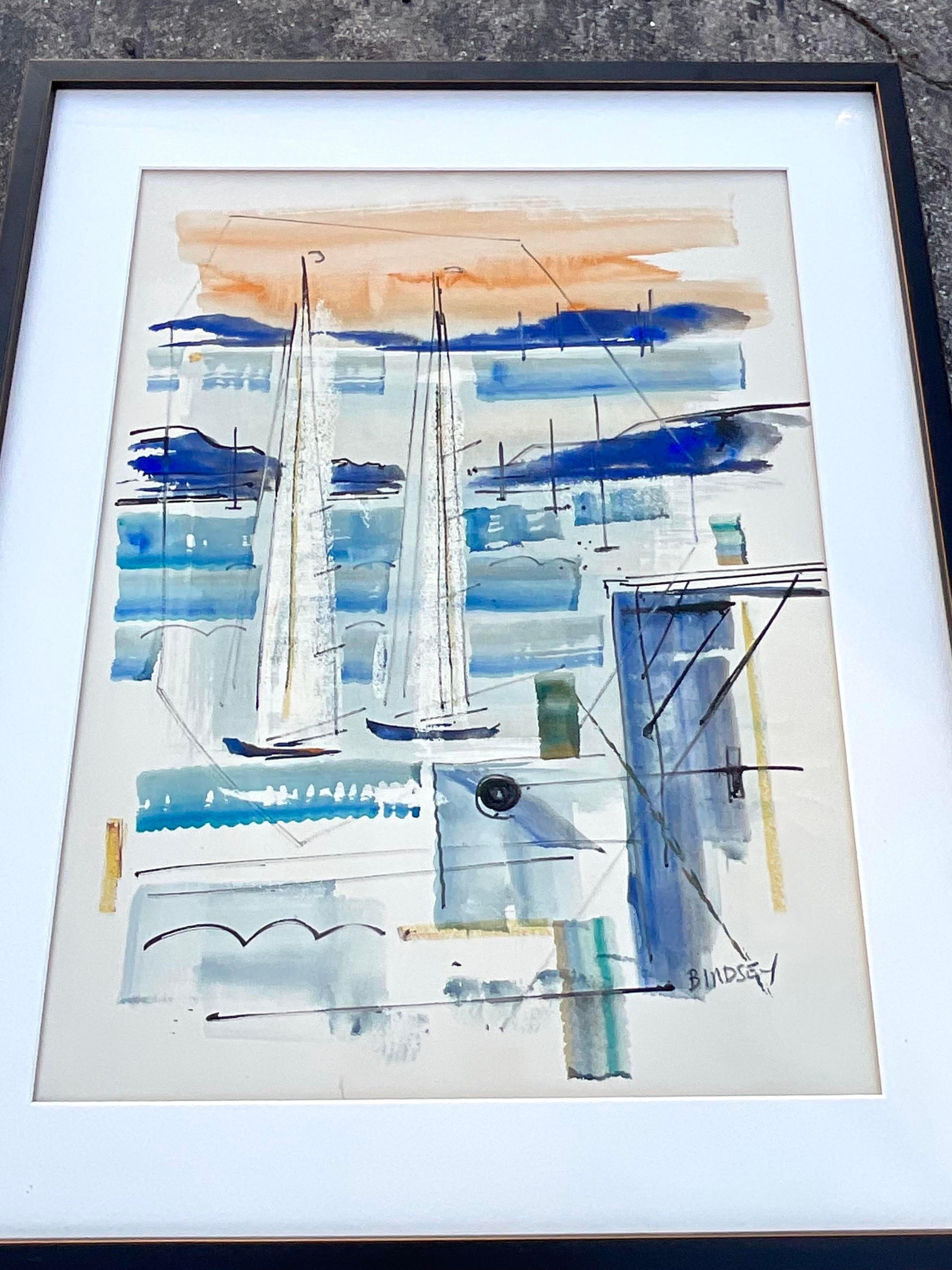A striking vintage 70s watercolor on paper. Done by the coveted Alfred Birdsey and signed on the front. A beautiful Harbor scene in bright clear colors. Acquired from a Palm Beach estate