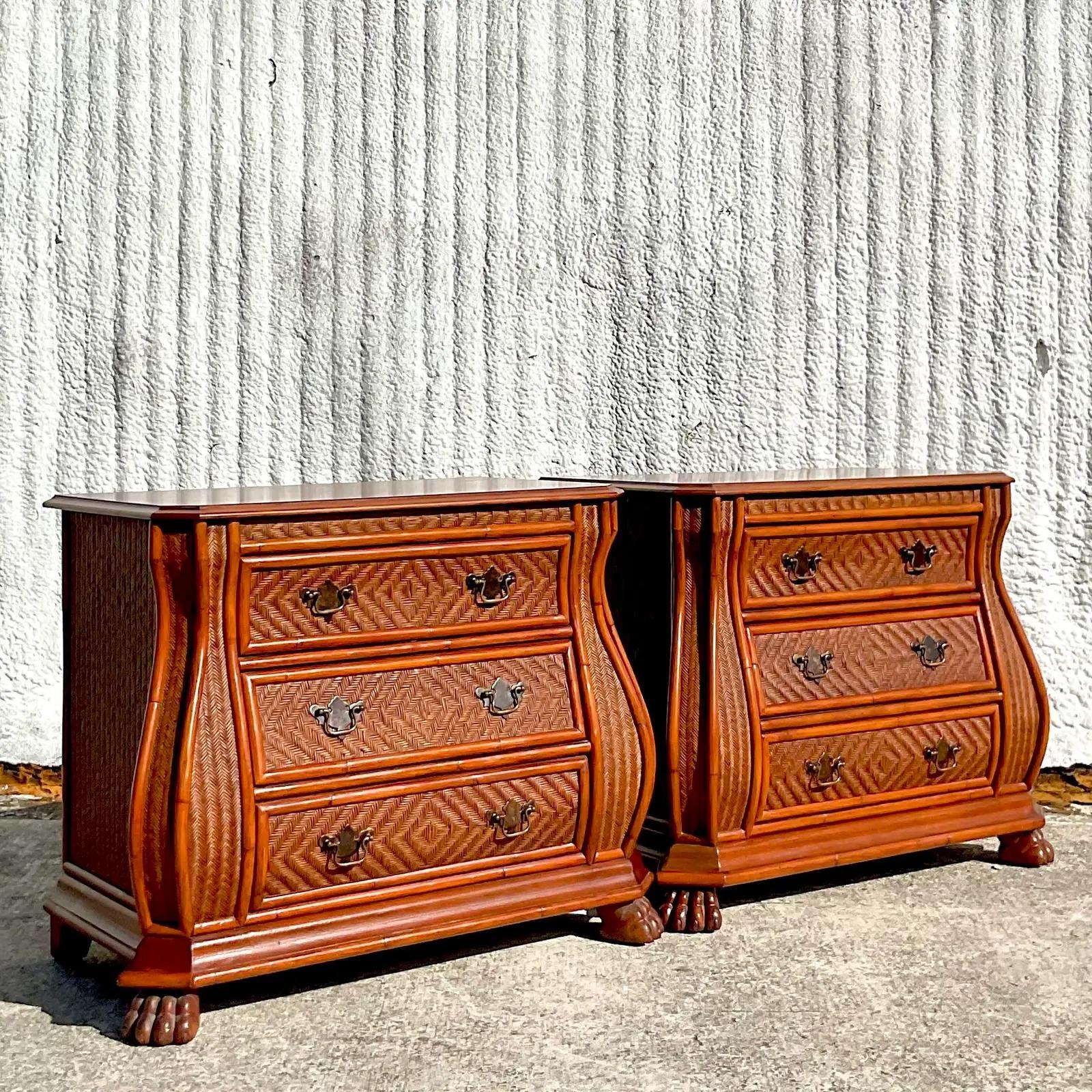 Philippine Vintage Coastal Signed Ficks Reed “Natchez Collection” Nightstands, a Pair