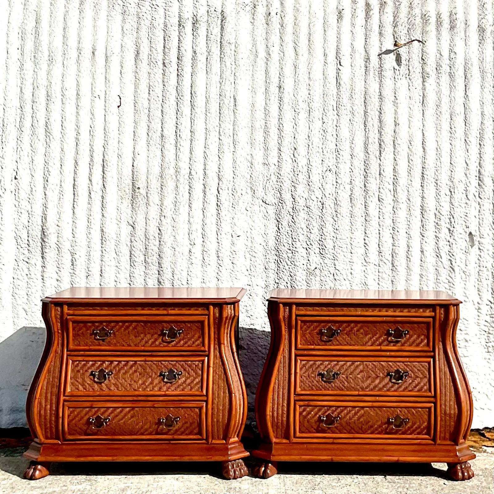 Vintage Coastal Signed Ficks Reed “Natchez Collection” Nightstands, a Pair In Good Condition In west palm beach, FL