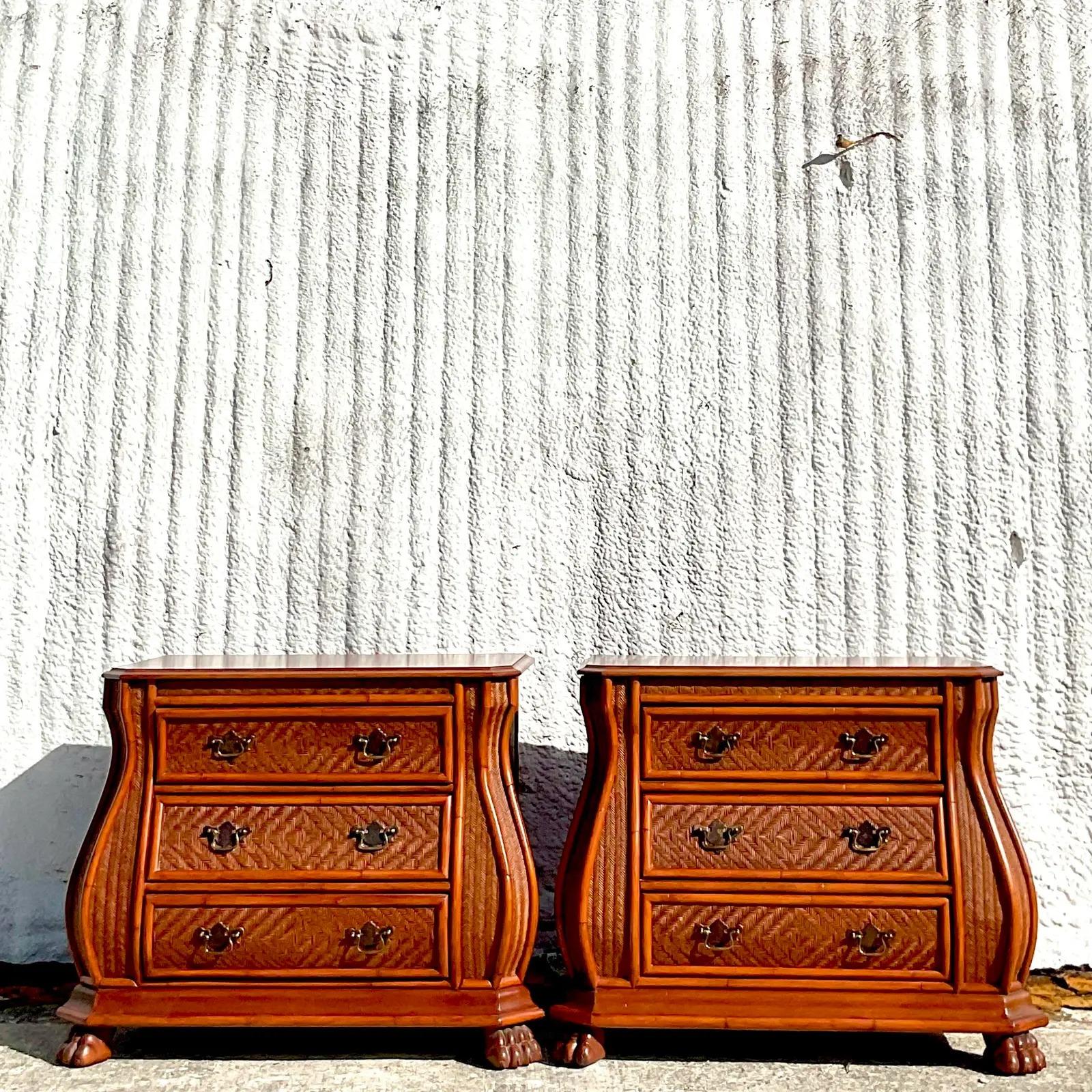 Rattan Vintage Coastal Signed Ficks Reed “Natchez Collection” Nightstands, a Pair