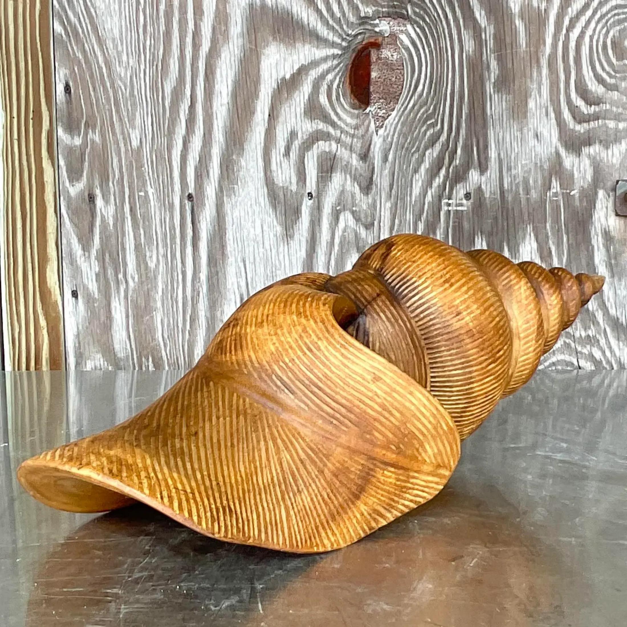 American Vintage Coastal Signed Hand Carved Wooden Shell For Sale