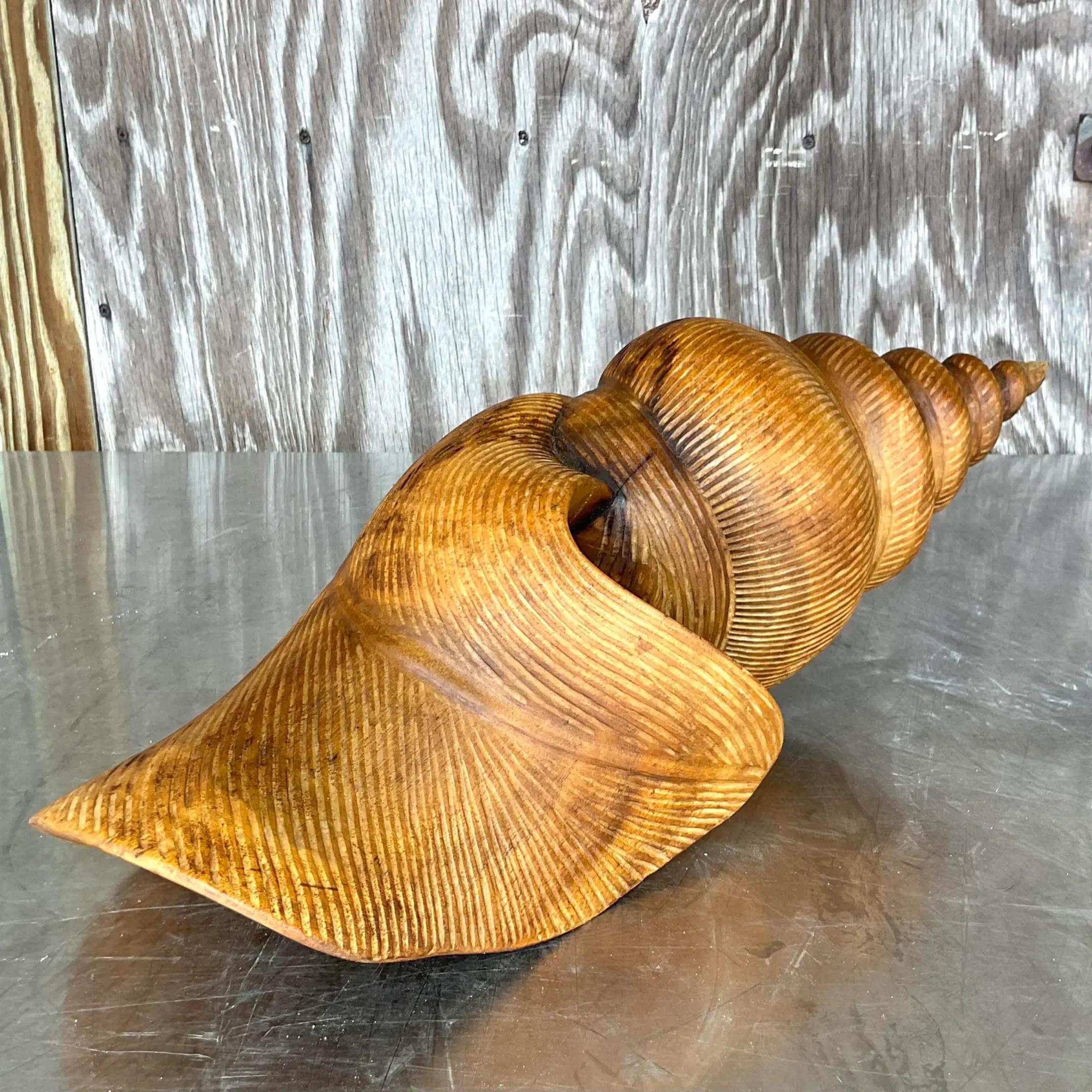 Vintage Coastal Signed Hand Carved Wooden Shell For Sale 1