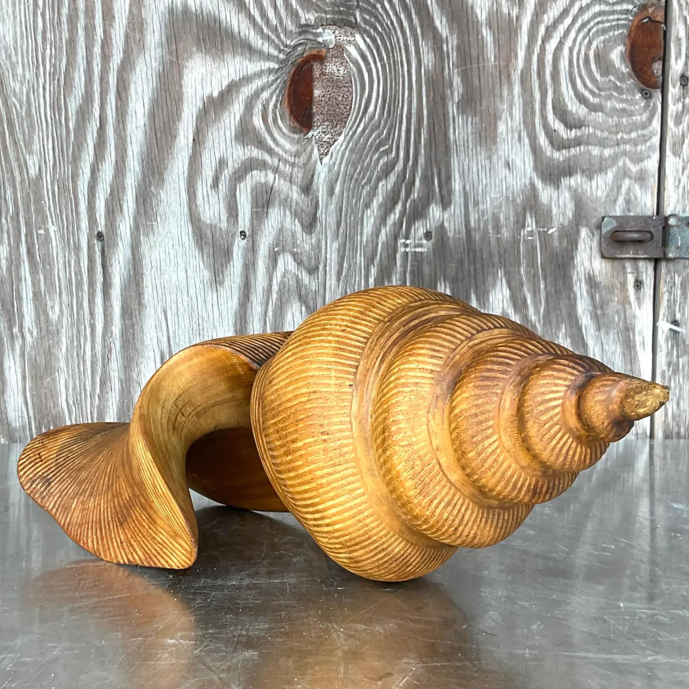 Vintage Coastal Signed Hand Carved Wooden Shell For Sale 2