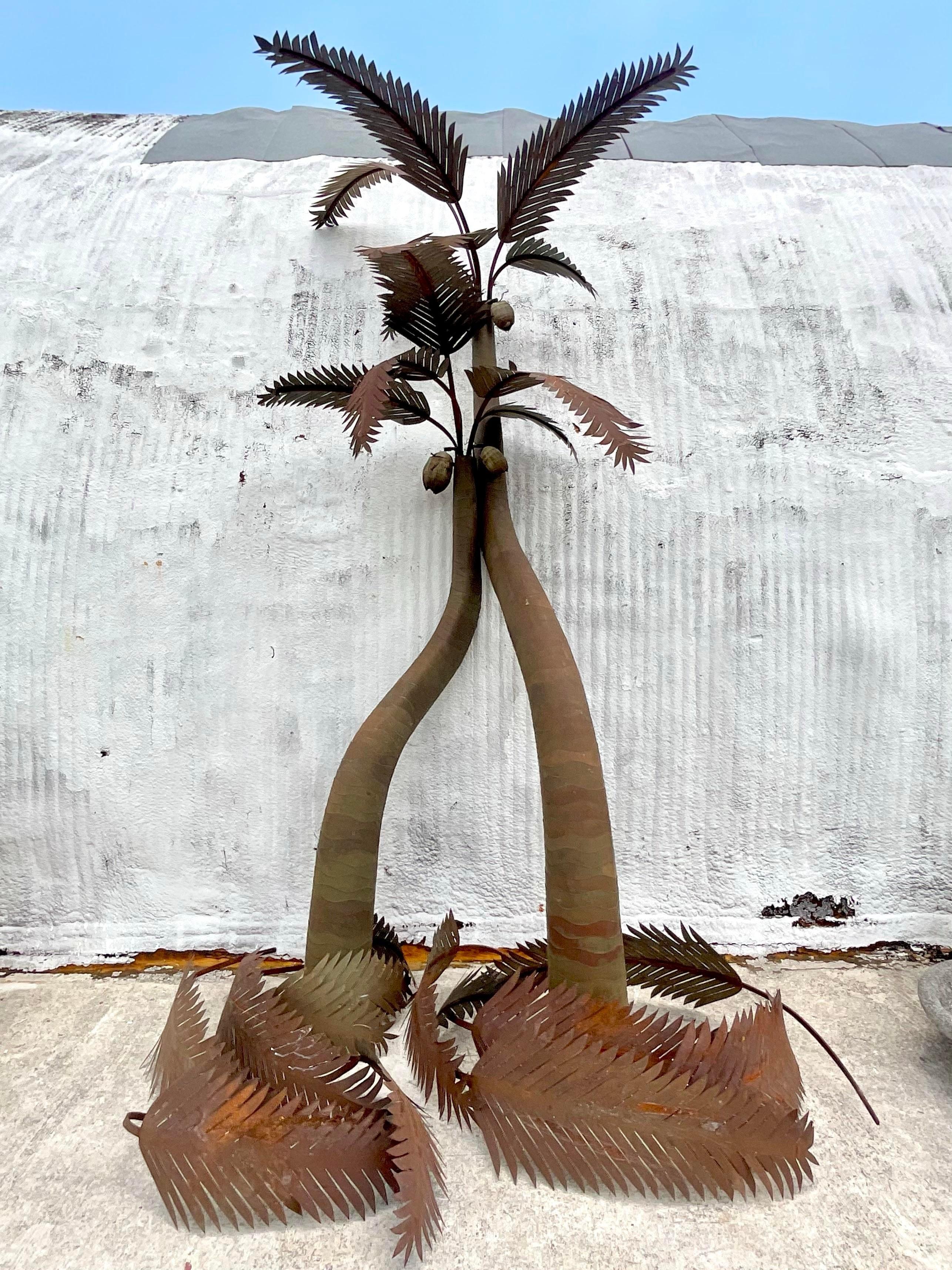 American Vintage Coastal Signed Large Illuminated Palm Tree Lamps - Set of 2