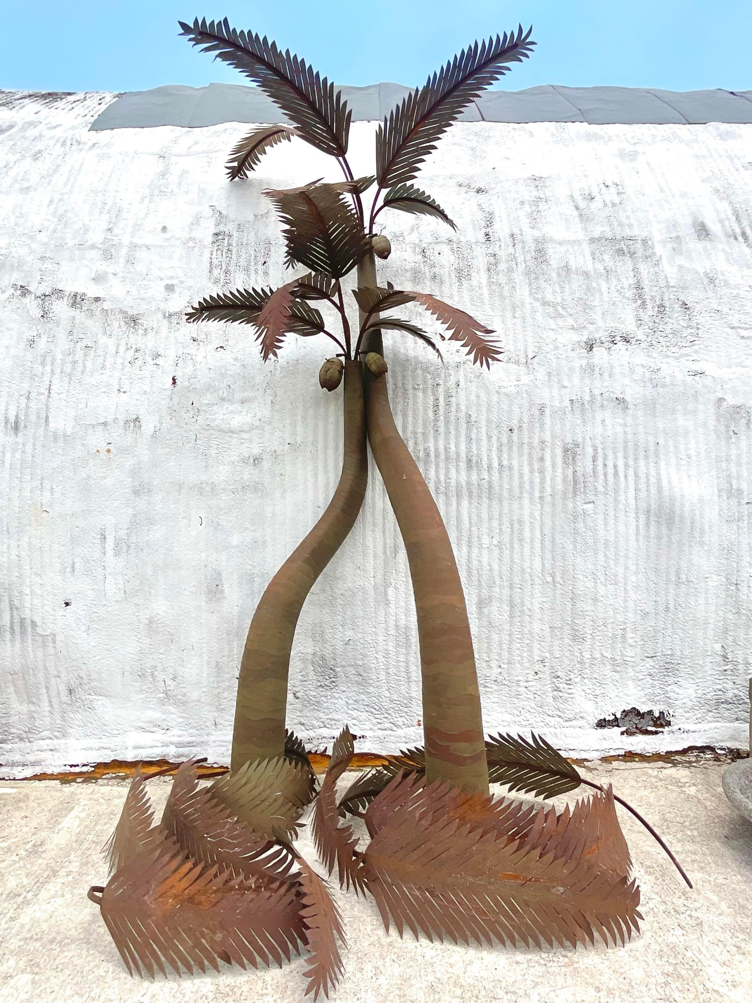Metal Vintage Coastal Signed Large Illuminated Palm Tree Lamps - Set of 2