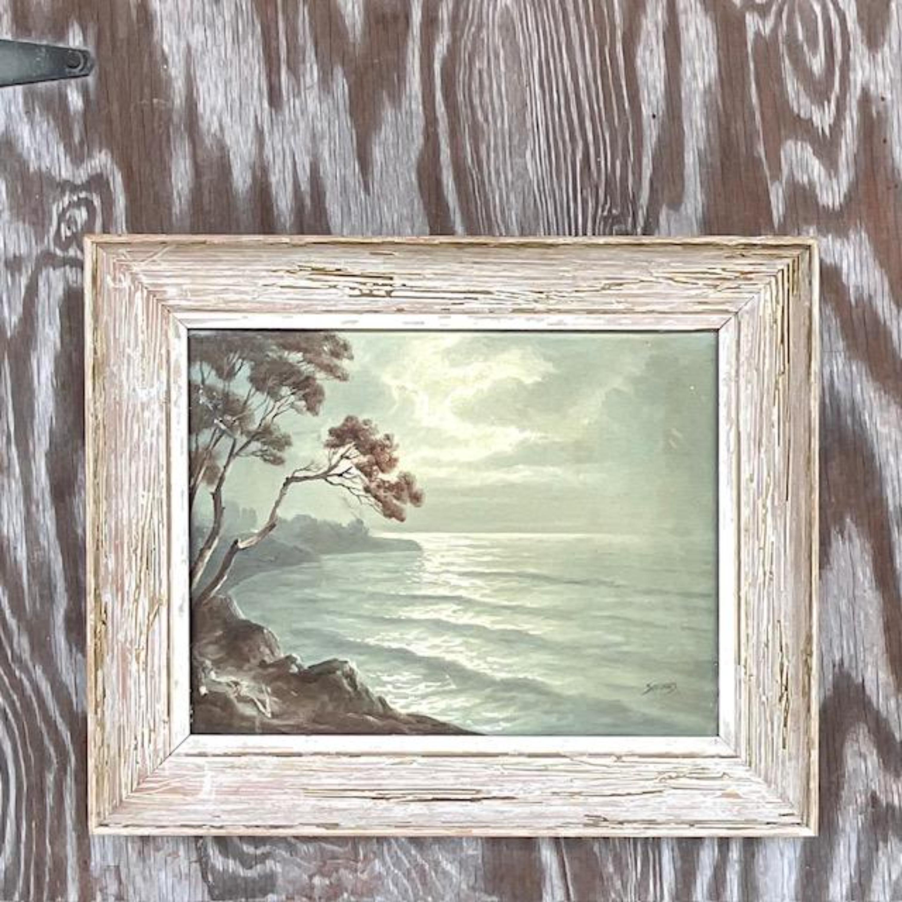 Une fabuleuse huile sur toile originale de la côte. Composition monochromatique chic d'un paysage marin. Une attention particulière est portée aux détails. Superbe cadre d'époque en chêne cérusé. Acquis d'une propriété de Palm Beach.