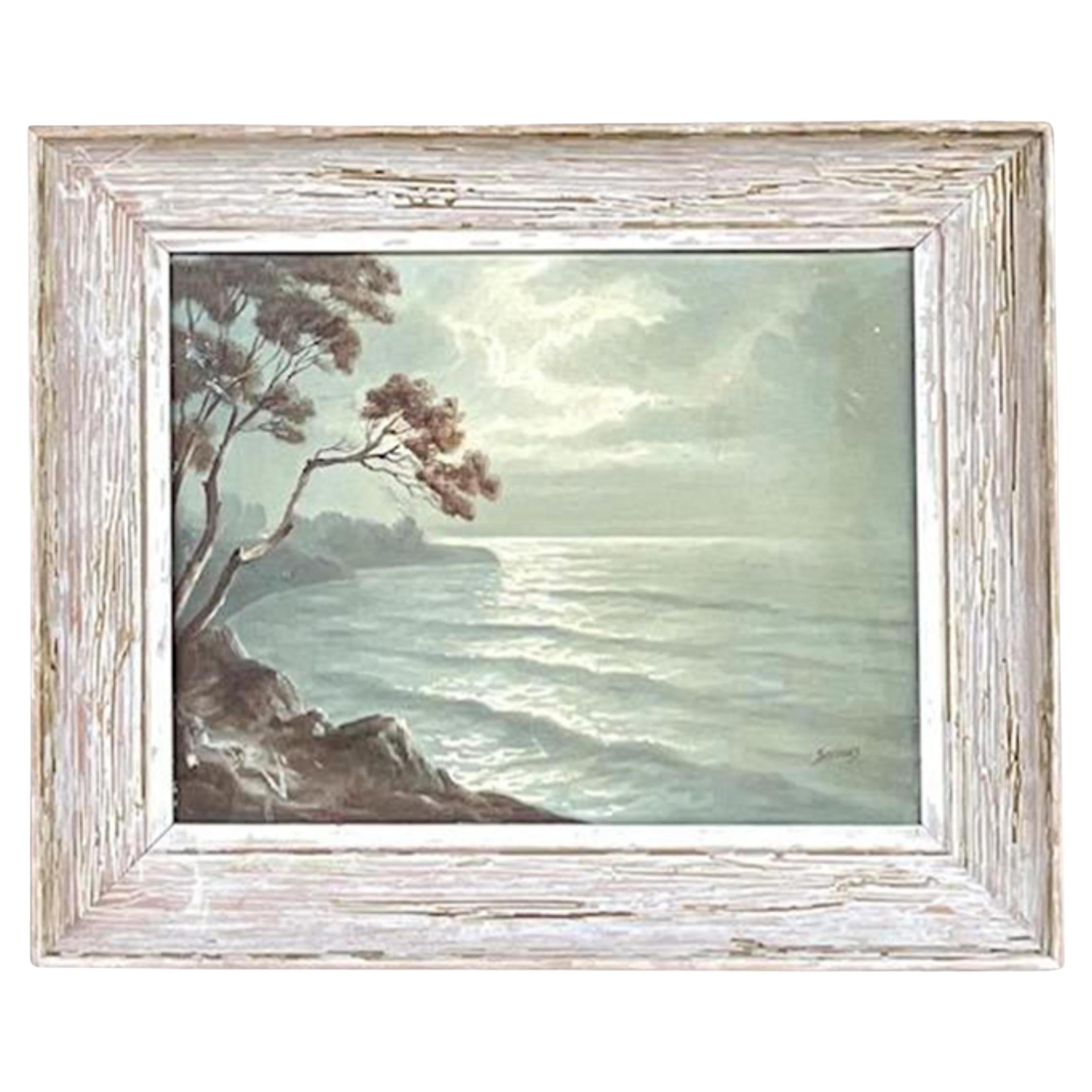 Vieille peinture à l'huile originale de la côte, signée