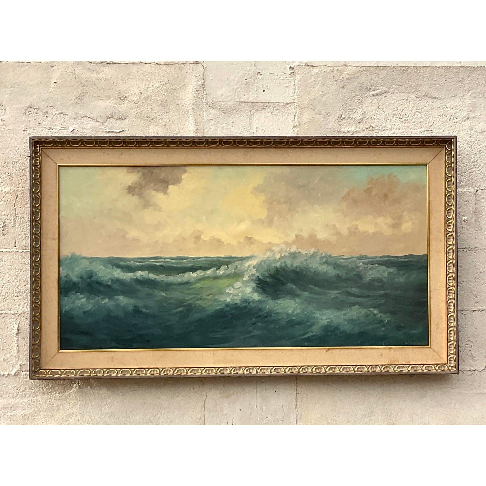A fabulous vintage Coastal original oil painting. A striking composition of crashing waves. High energy, yet soothing at the same time. A beautiful patina from time. Acquired from a Palm Beach estate.