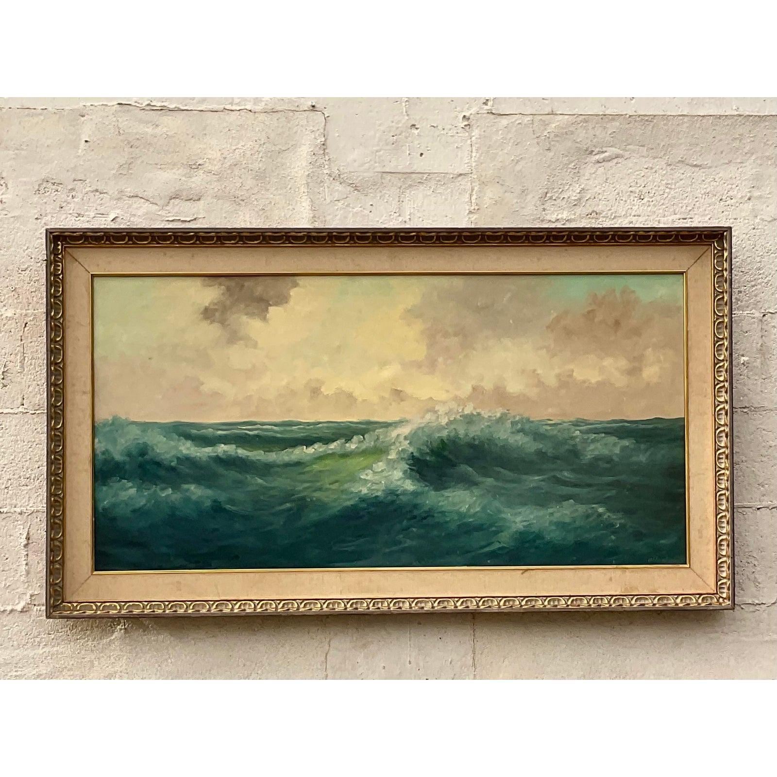 Nord-américain Vintage Coastal Signed Original Oil Seascape Painting of Crash Waves en vente