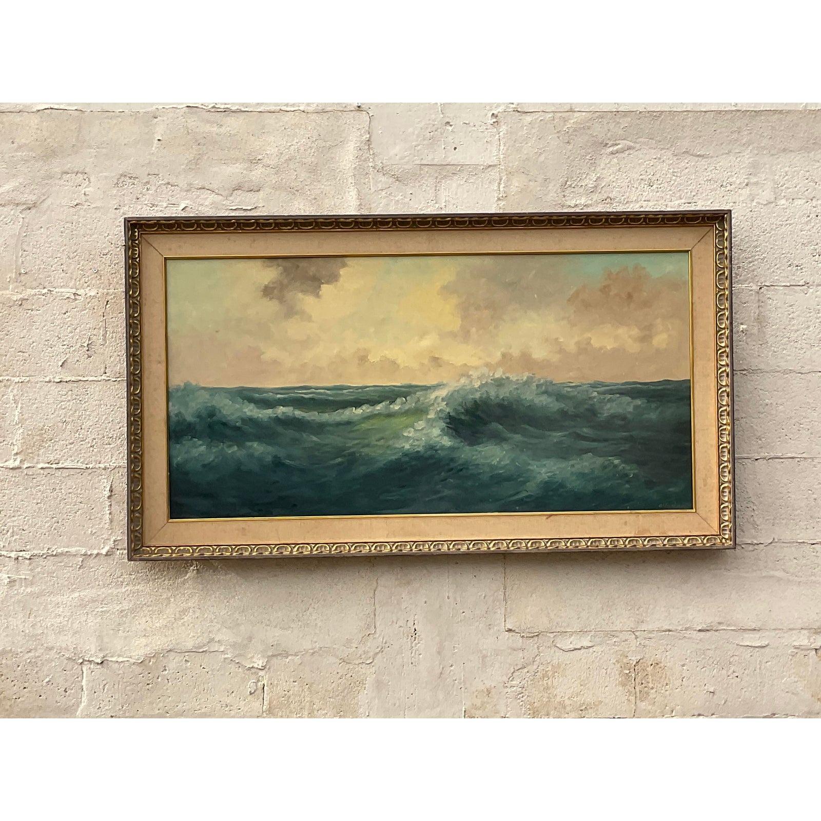North American Vintage Coastal Signed Original Oil Seascape Painting of Crashing Waves For Sale