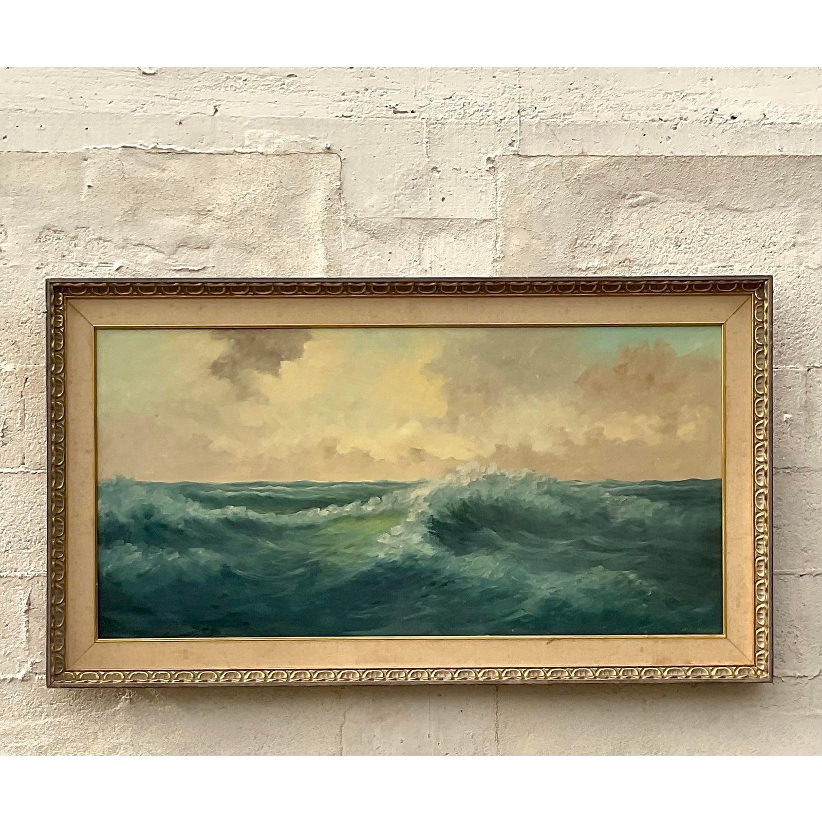 20th Century Vintage Coastal Signed Original Oil Seascape Painting of Crashing Waves For Sale