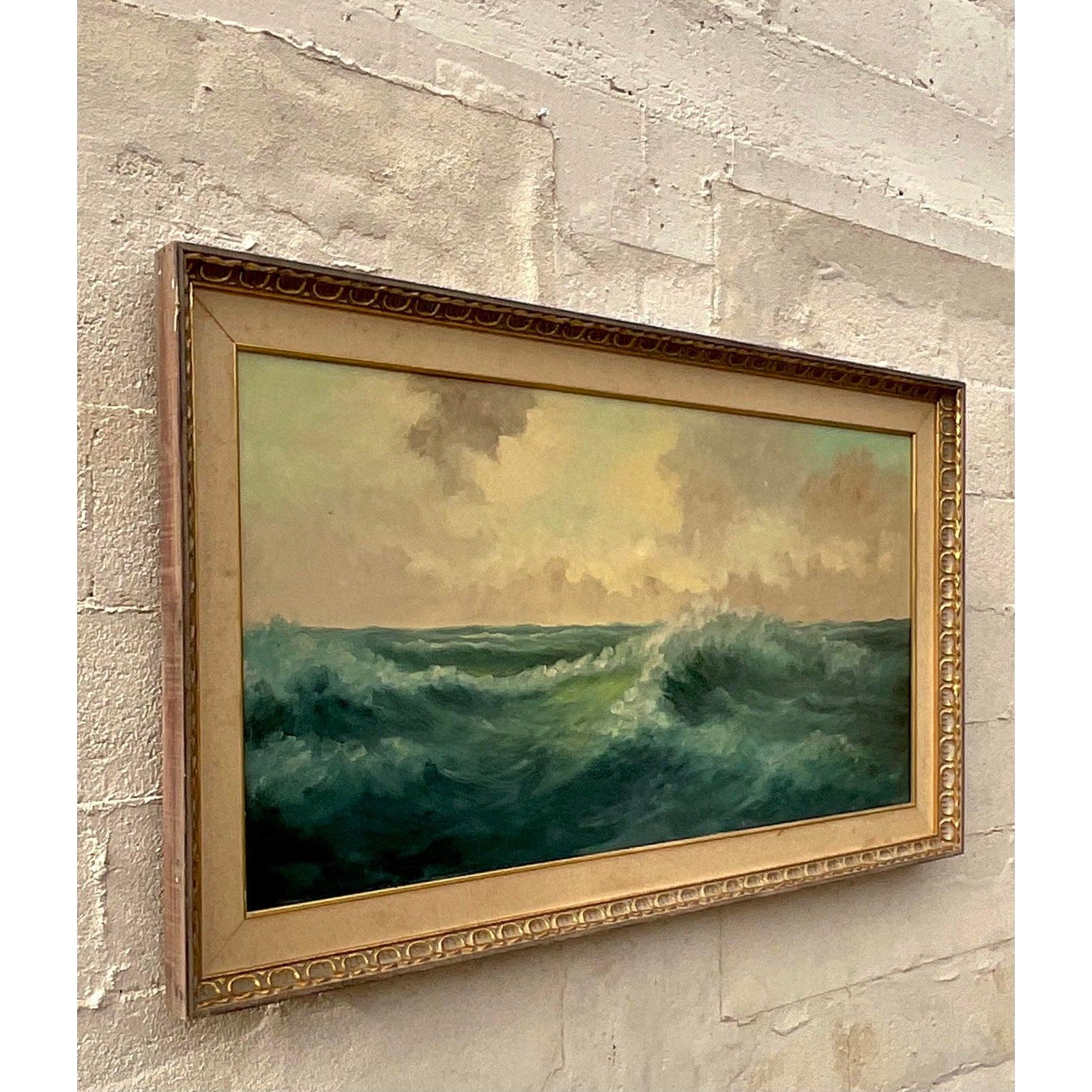Vintage Coastal Signed Original Oil Seascape Painting of Crashing Waves For Sale 1