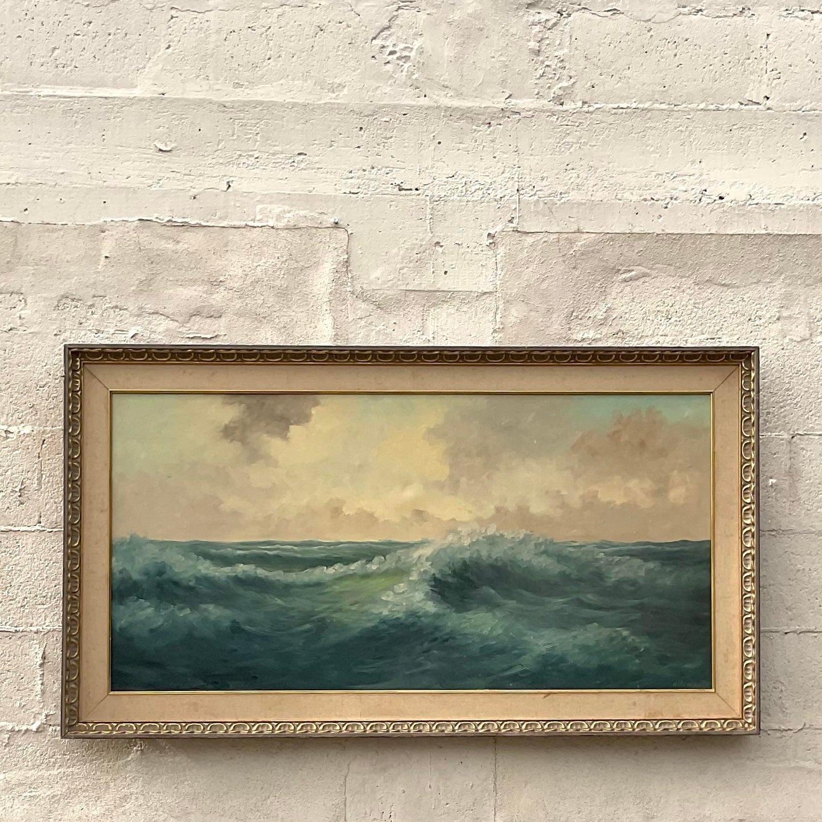 Vintage Coastal Signed Original Oil Seascape Painting of Crashing Waves For Sale 2