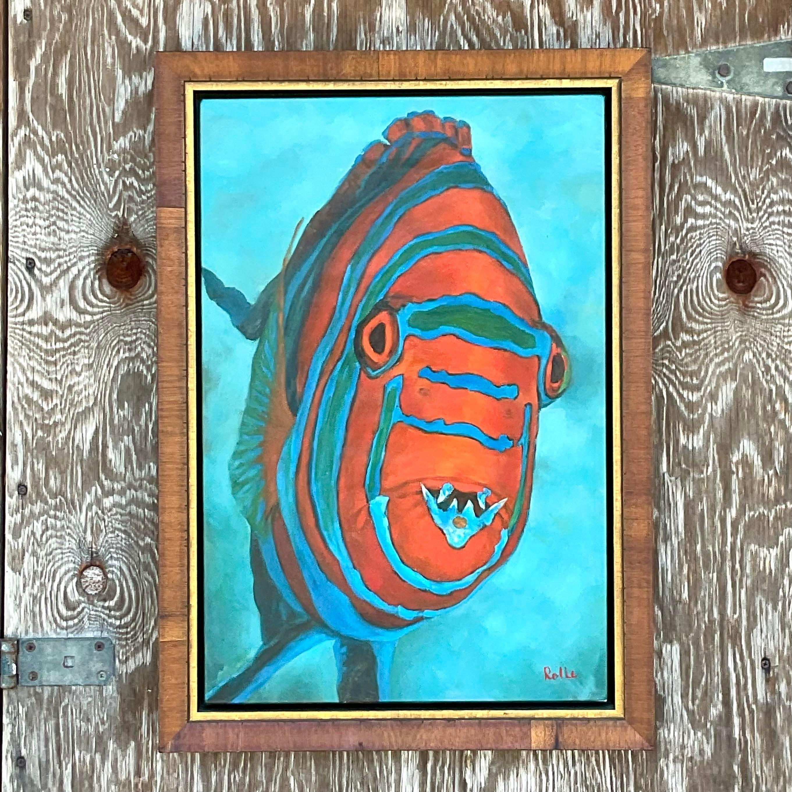 Un fabuloso óleo aborigen vintage enmarcado en Coastal. Firmado por el artista. Una composición de colores vivos de un pez. Adquirido a una finca de Palm Beach