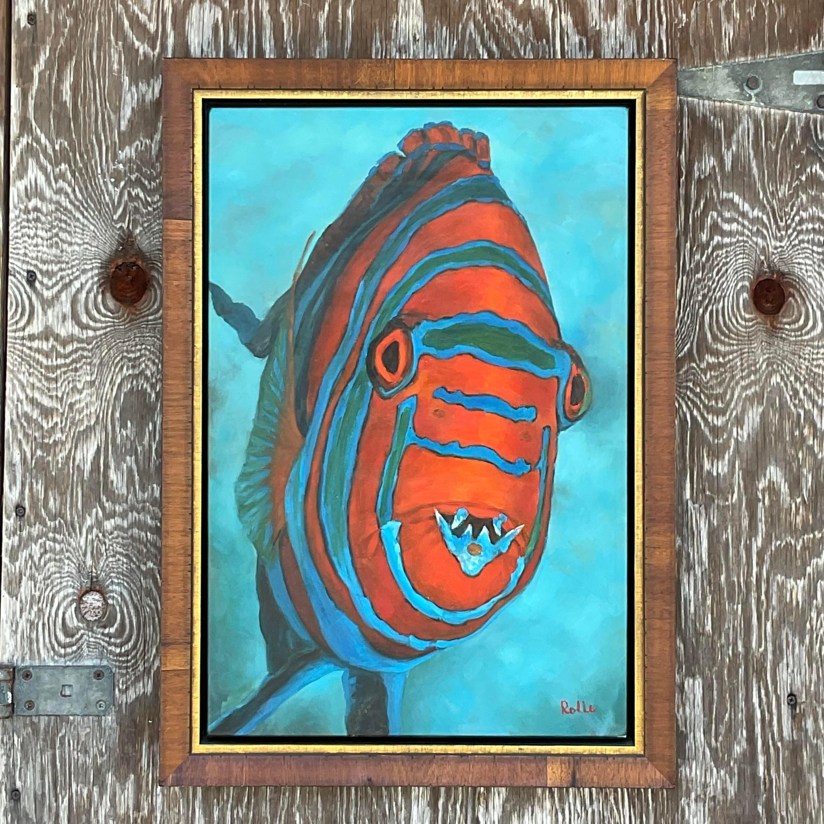 American Vintage Coastal Signed Original Oil Painting of Fish For Sale
