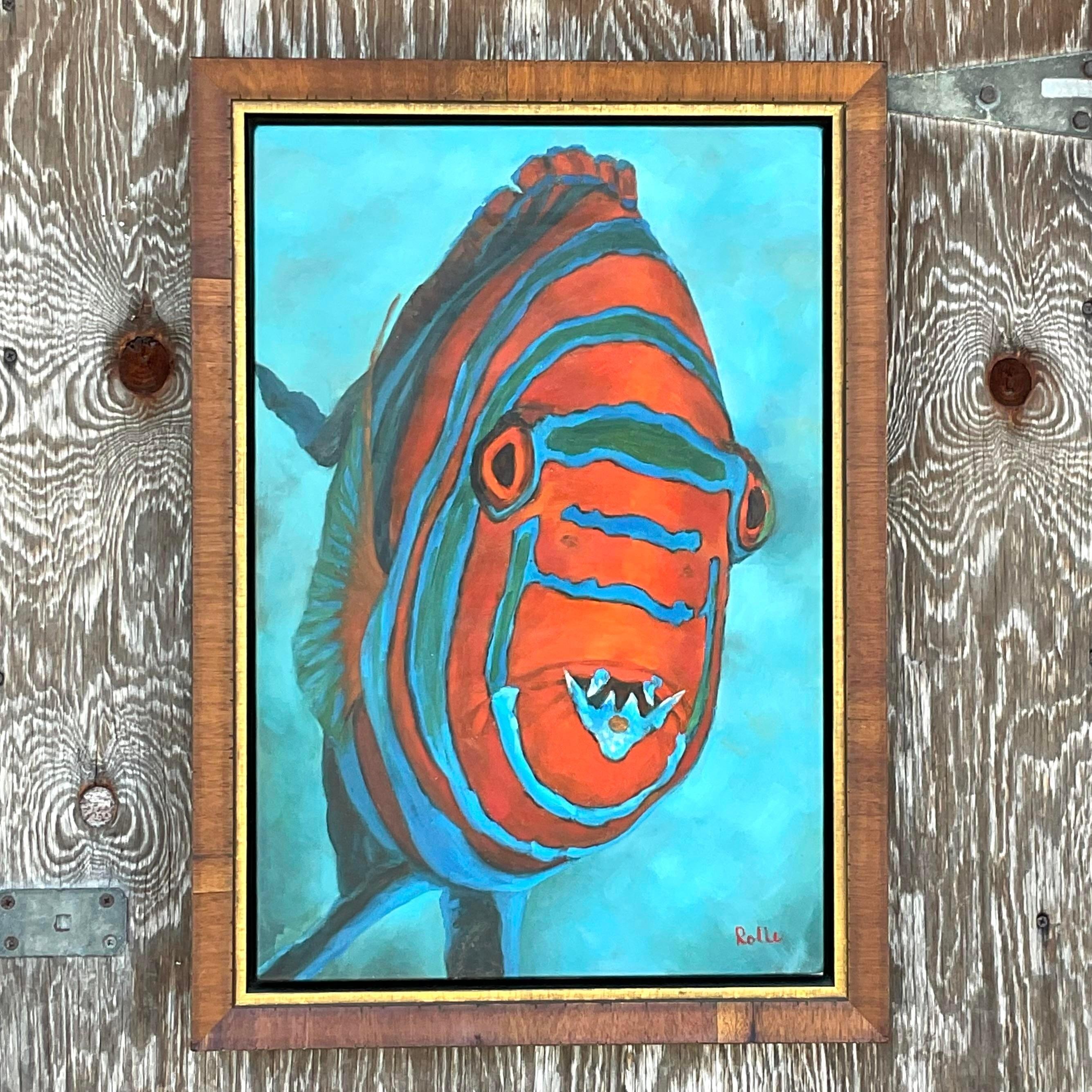 20th Century Vintage Coastal Signed Original Oil Painting of Fish For Sale