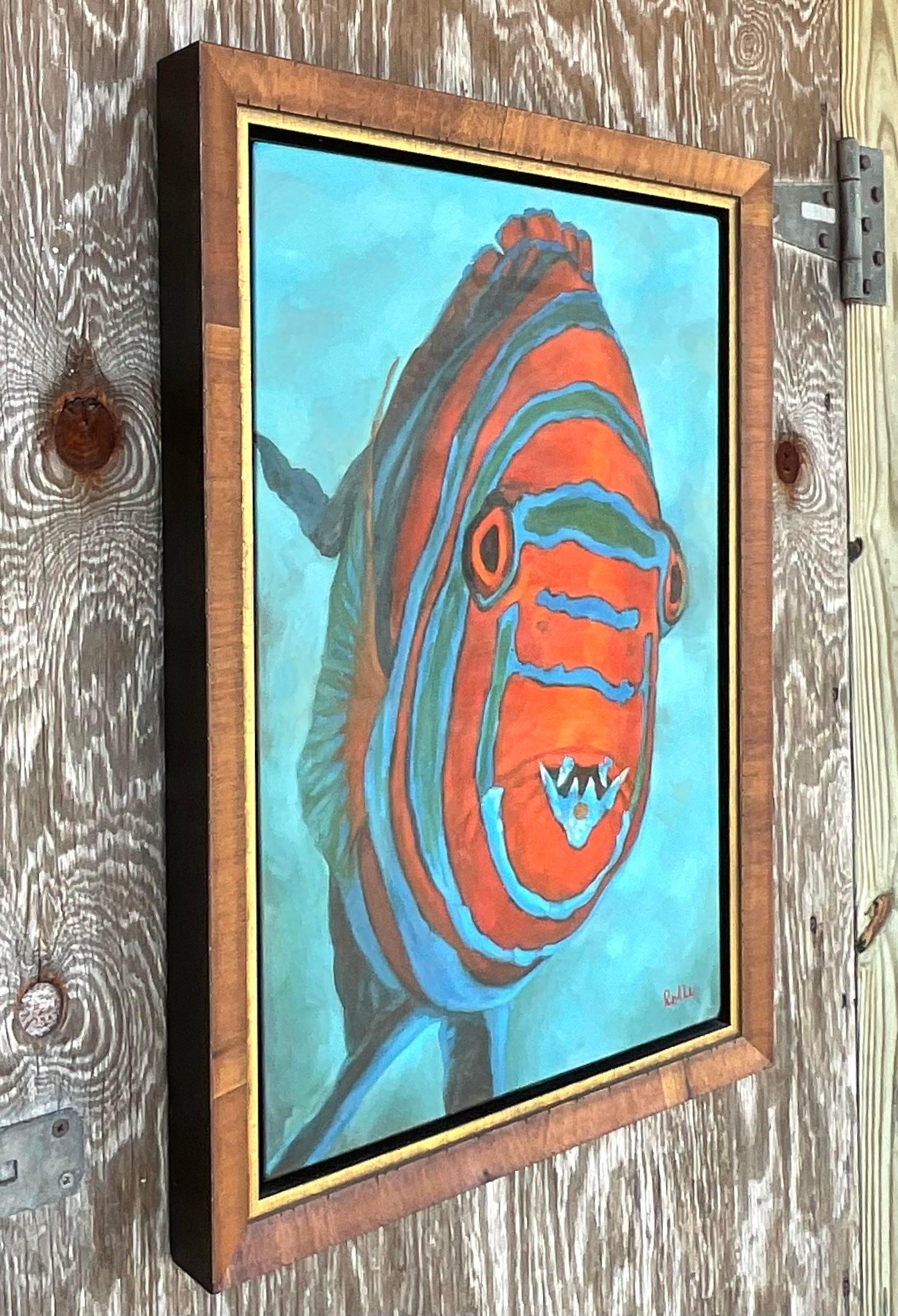  Peinture à l'huile originale vintage représentant des poissons, signée Coastal en vente 1