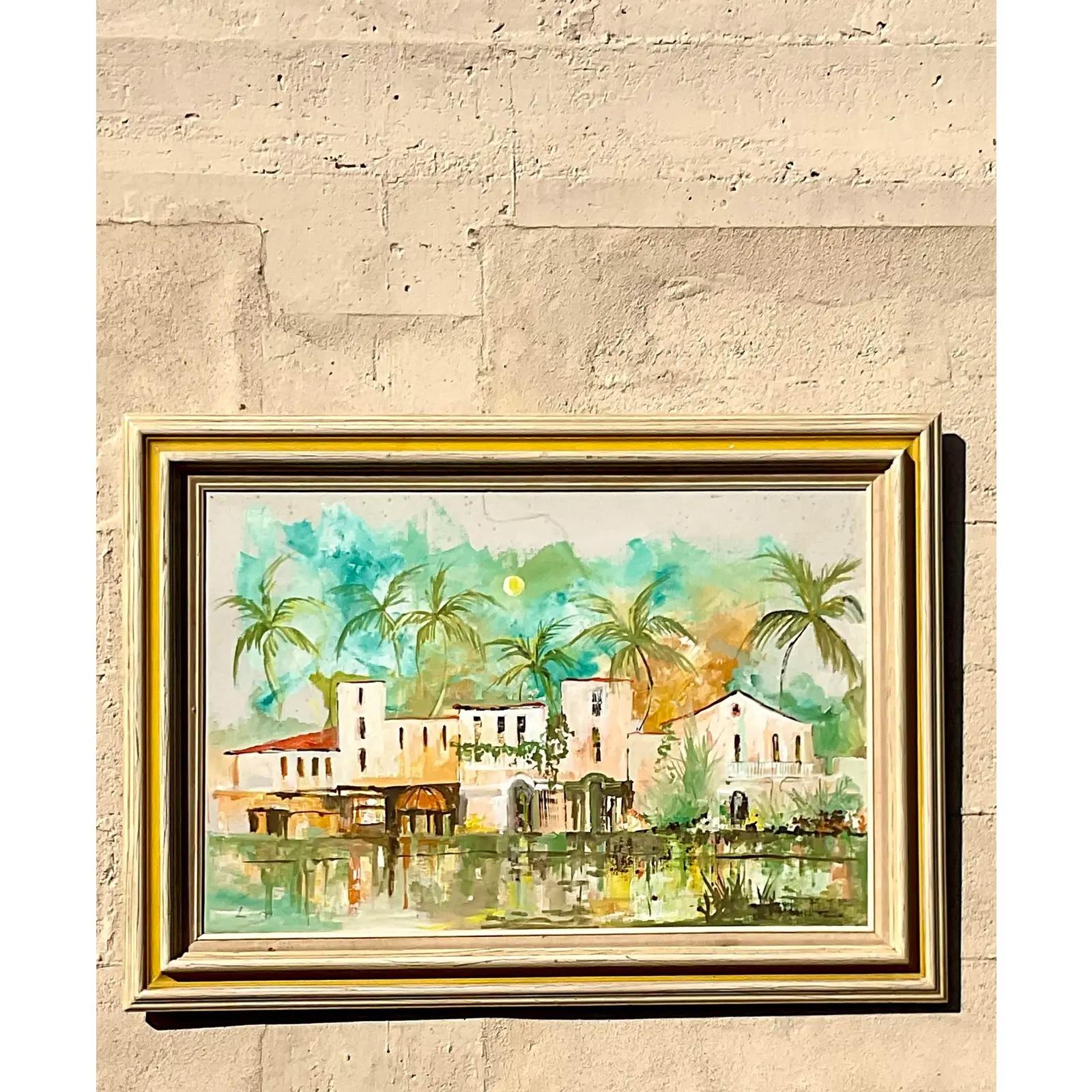A fantastic vintage original oil painting. A gorgeous composition of The Everglades Club in Palm Beach. A real piece of American history. Signed. Acquired from a Palm Beach estate.
