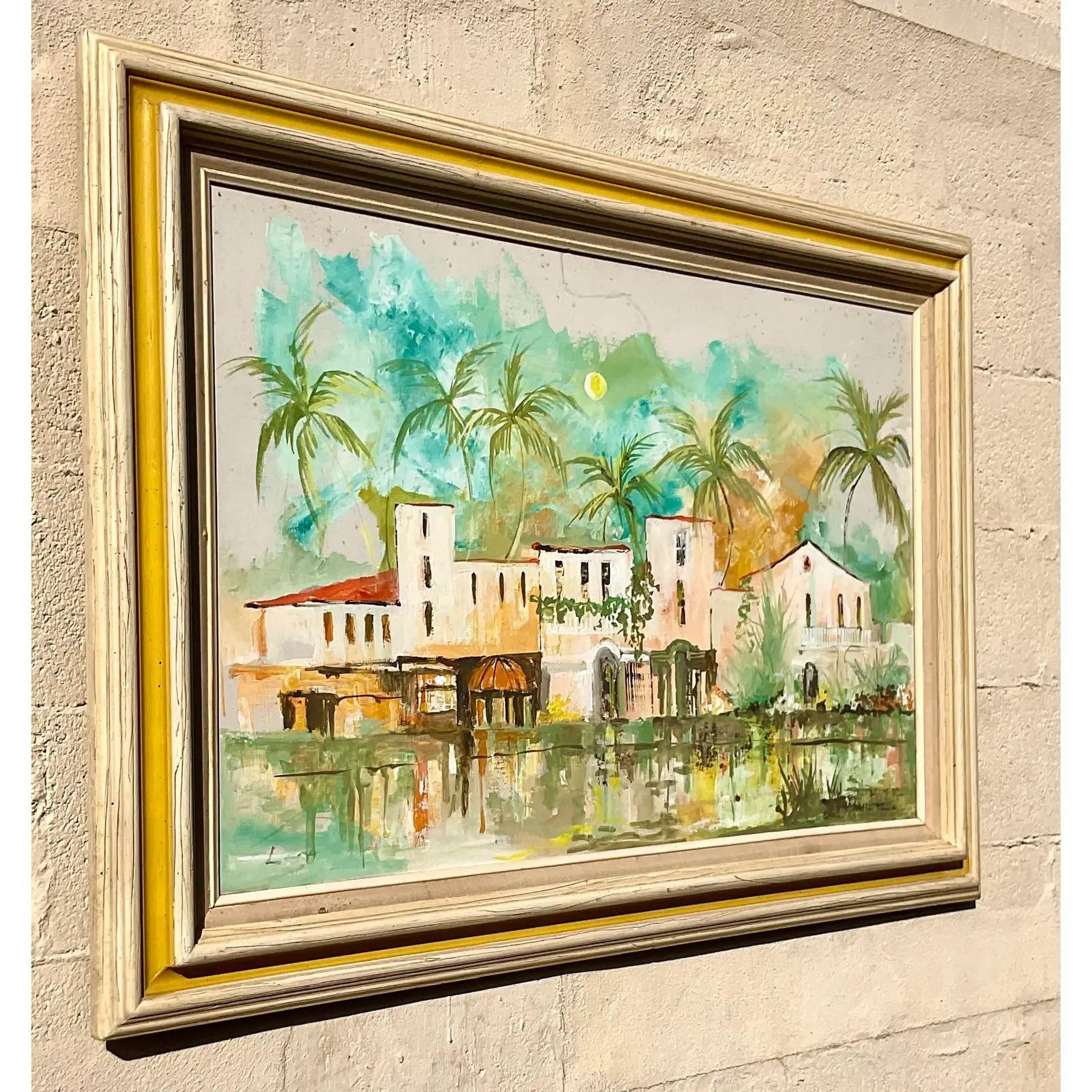 North American Vintage Coastal Signed Original Oil Painting of the Everglades Club