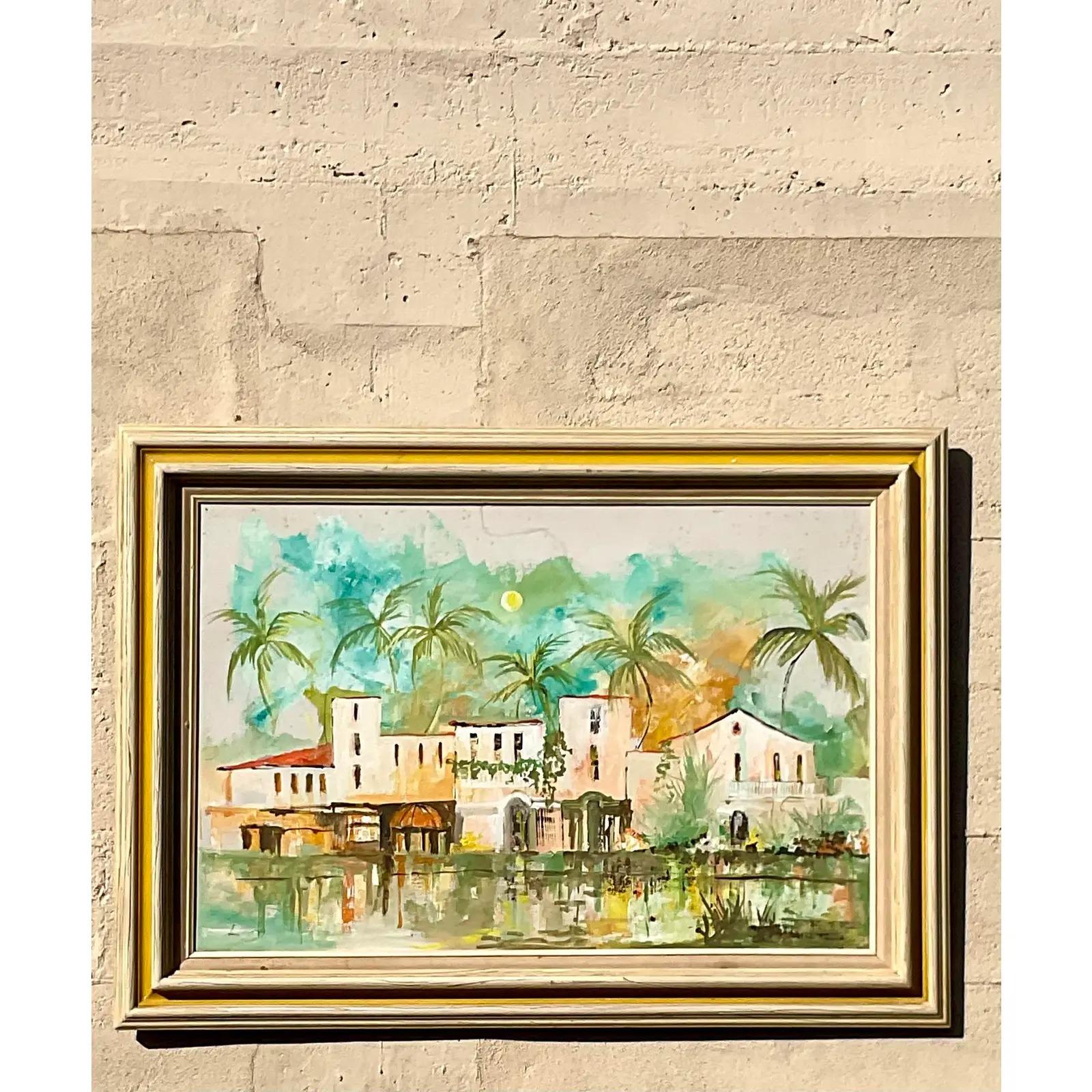 Vintage Coastal Signed Original Oil Painting of the Everglades Club In Good Condition In west palm beach, FL