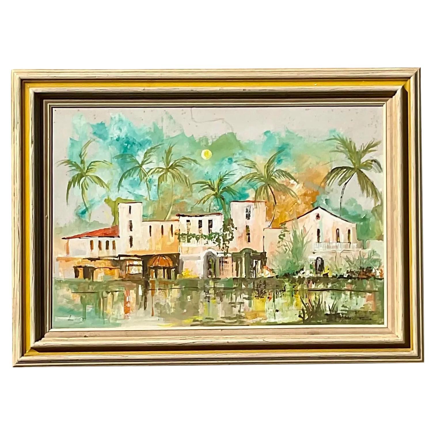 Vintage Coastal Signed Original Oil Painting of the Everglades Club