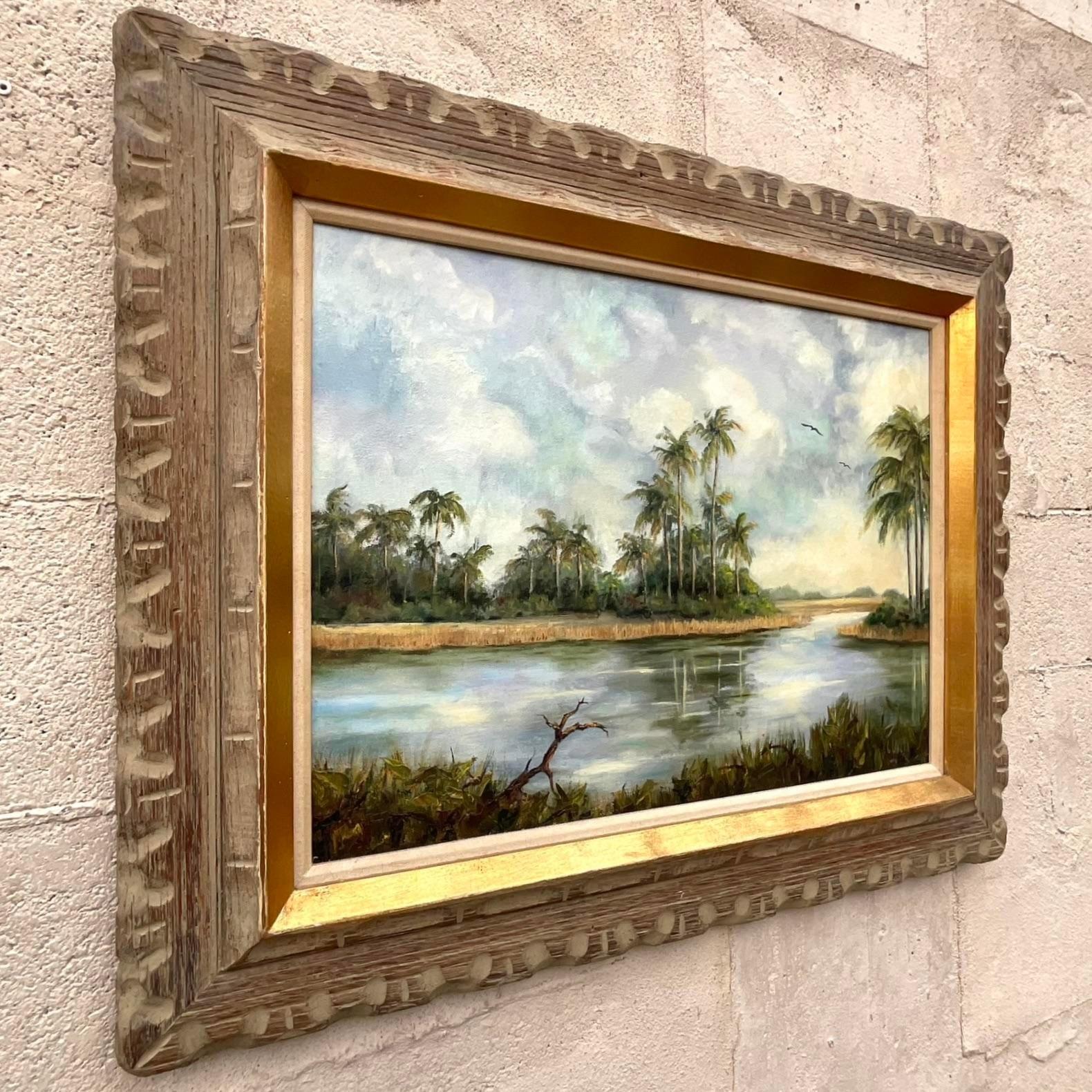 American Vintage Coastal Signed Original Palm Tree Oil Painting on Canvas