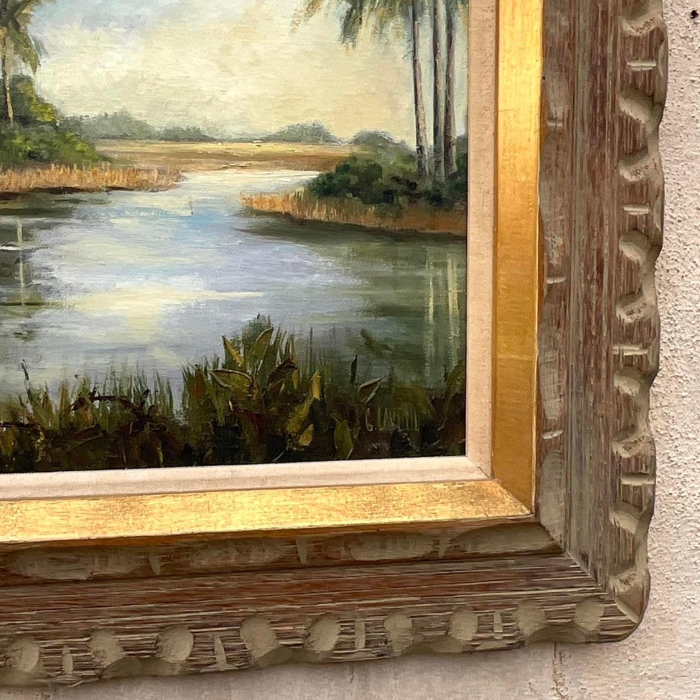 Vintage Coastal Signed Original Palm Tree Oil Painting on Canvas In Good Condition For Sale In west palm beach, FL