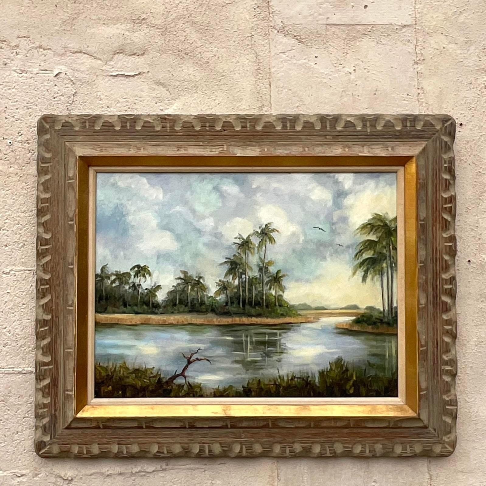 20ième siècle Peinture à l'huile sur toile originale de palmier vintage, signée Coastal en vente