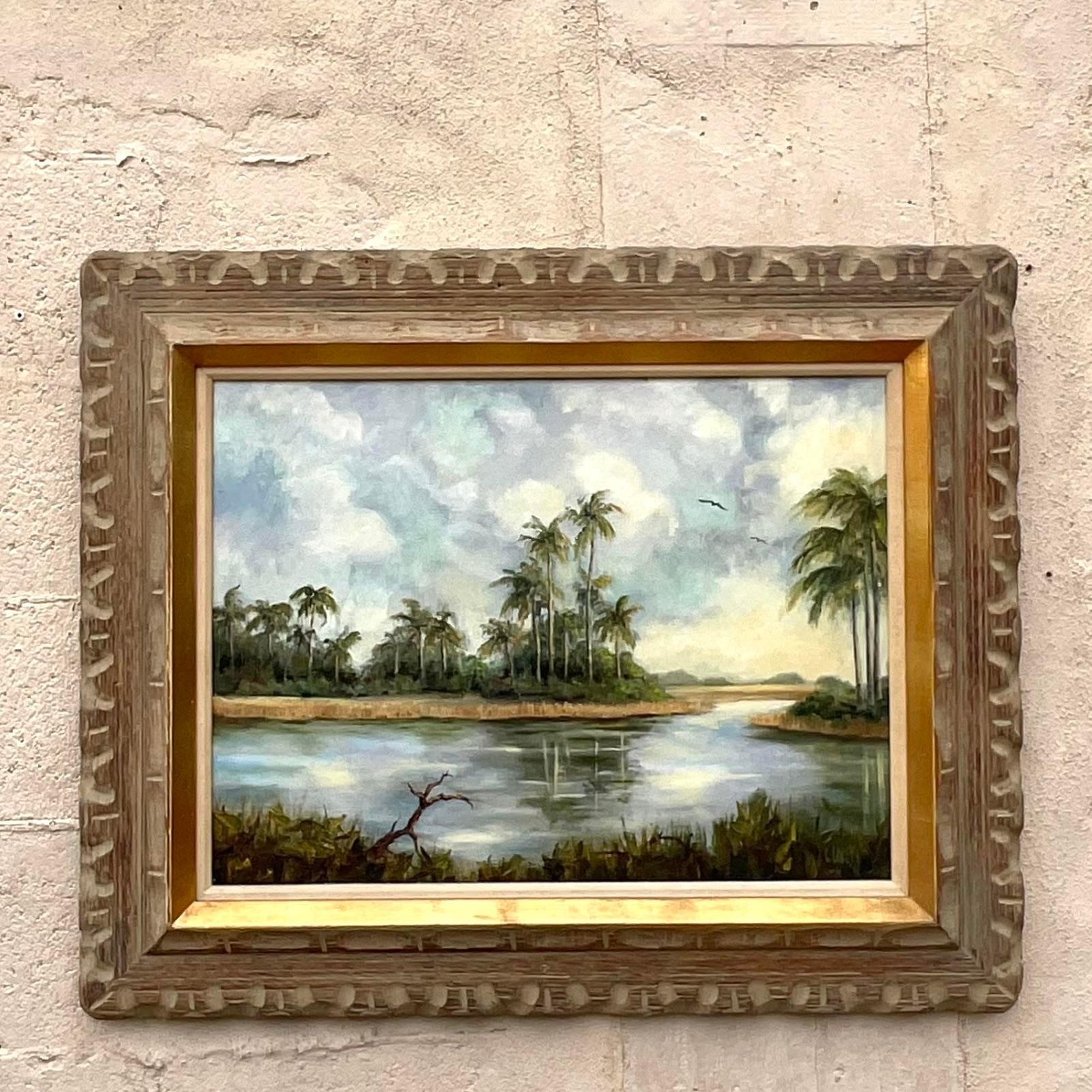 Vintage Coastal Signed Original Palm Tree Oil Painting on Canvas For Sale 1