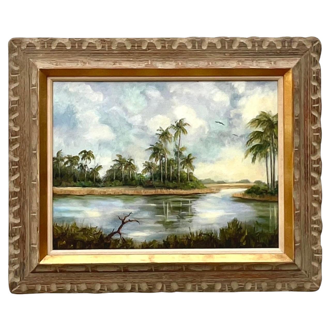 Peinture à l'huile sur toile originale de palmier vintage, signée Coastal