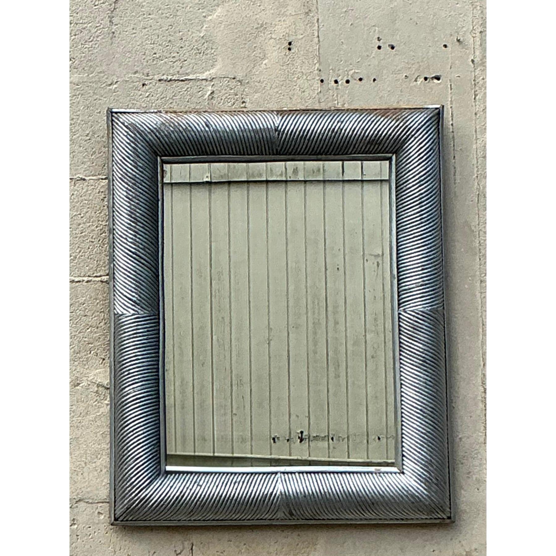 20ième siècle Miroir Vintage Coastal Silver Pencil Reed Distressed en vente
