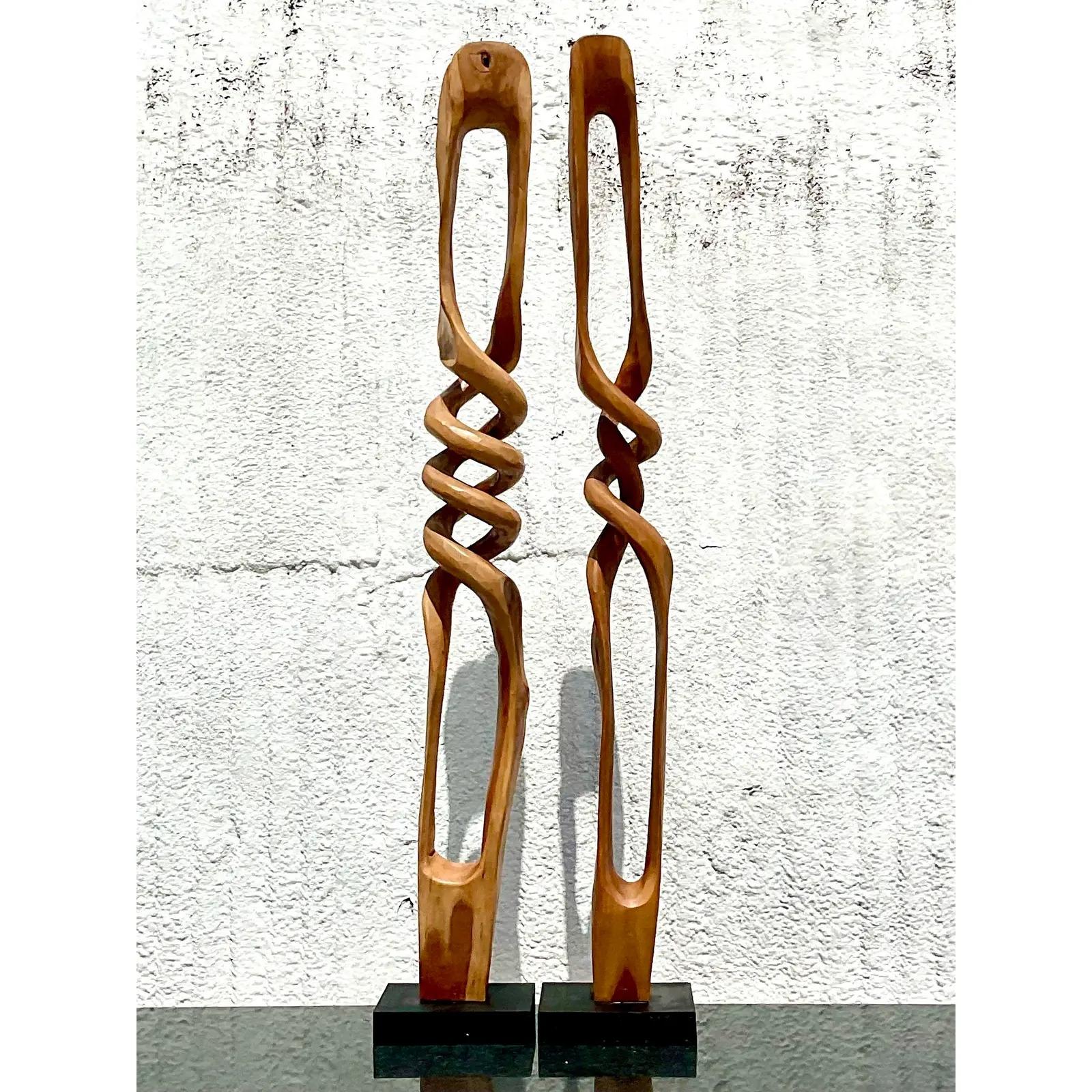 Vintage Coastal Single Piece Abstract Wood Twist Sculptures, a Pair In Good Condition In west palm beach, FL