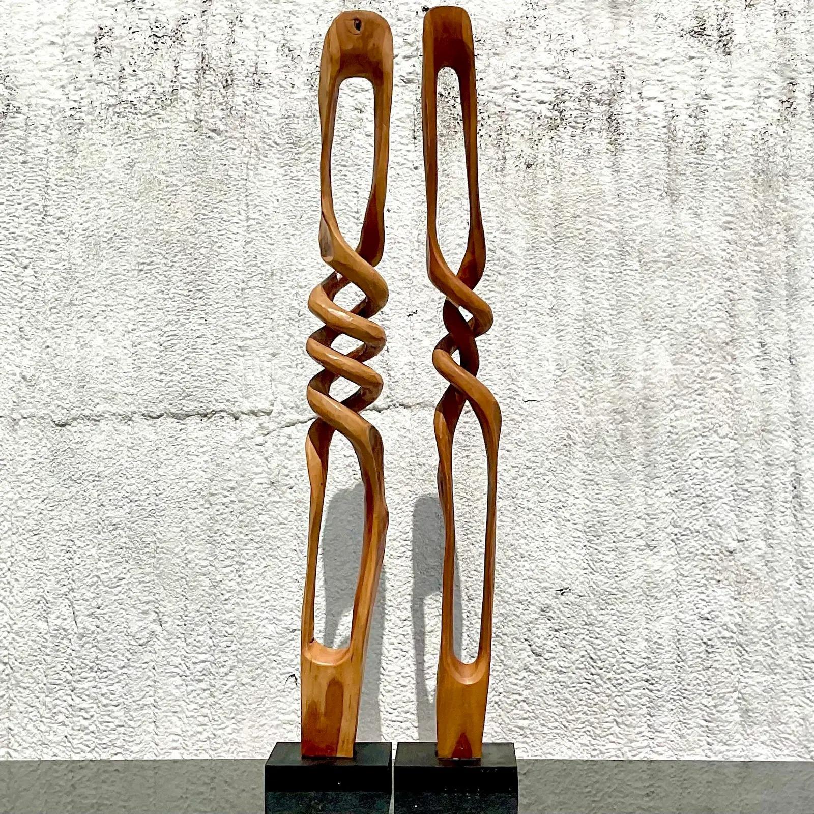 20th Century Vintage Coastal Single Piece Abstract Wood Twist Sculptures, a Pair