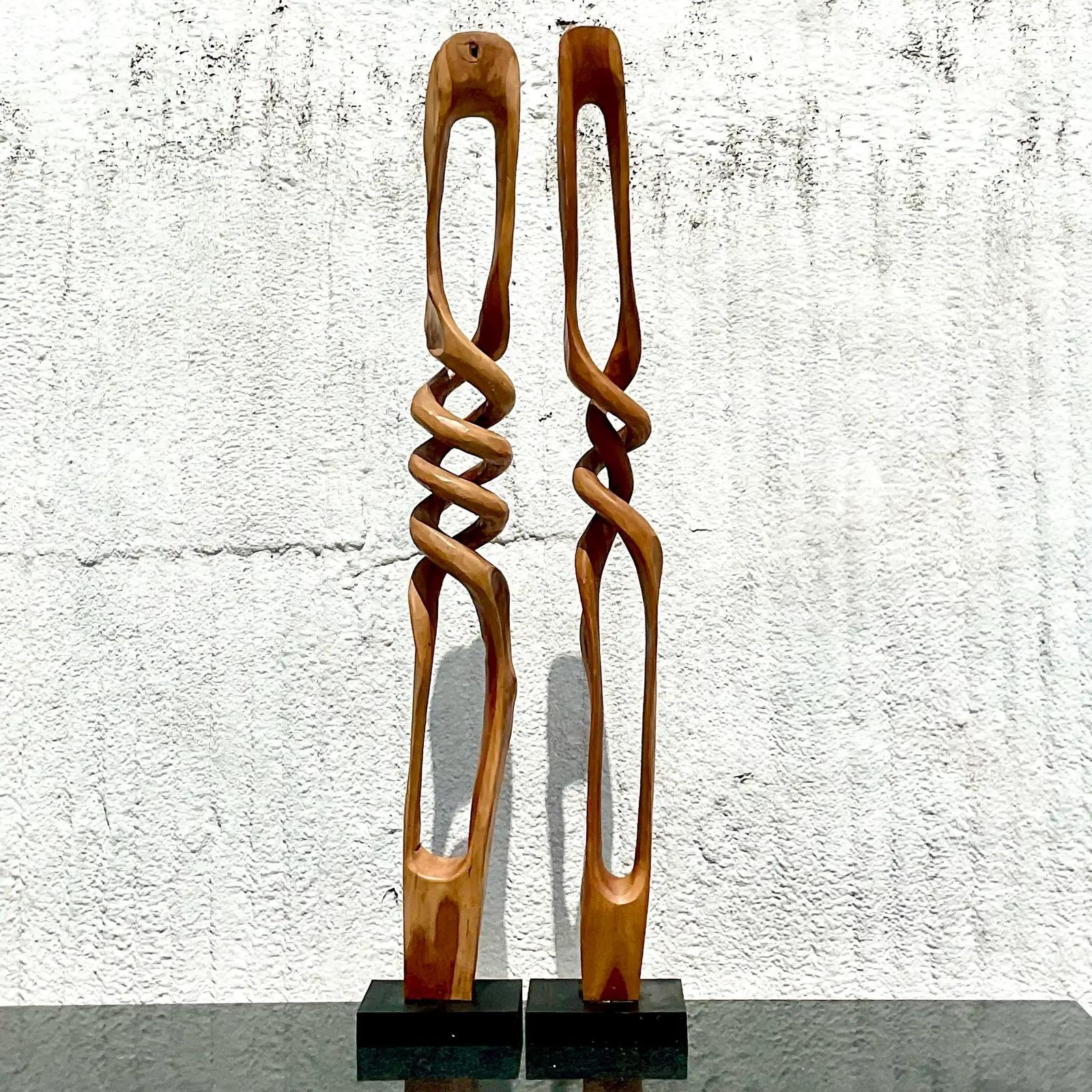 Vintage Coastal Single Piece Abstract Wood Twist Sculptures, a Pair 1