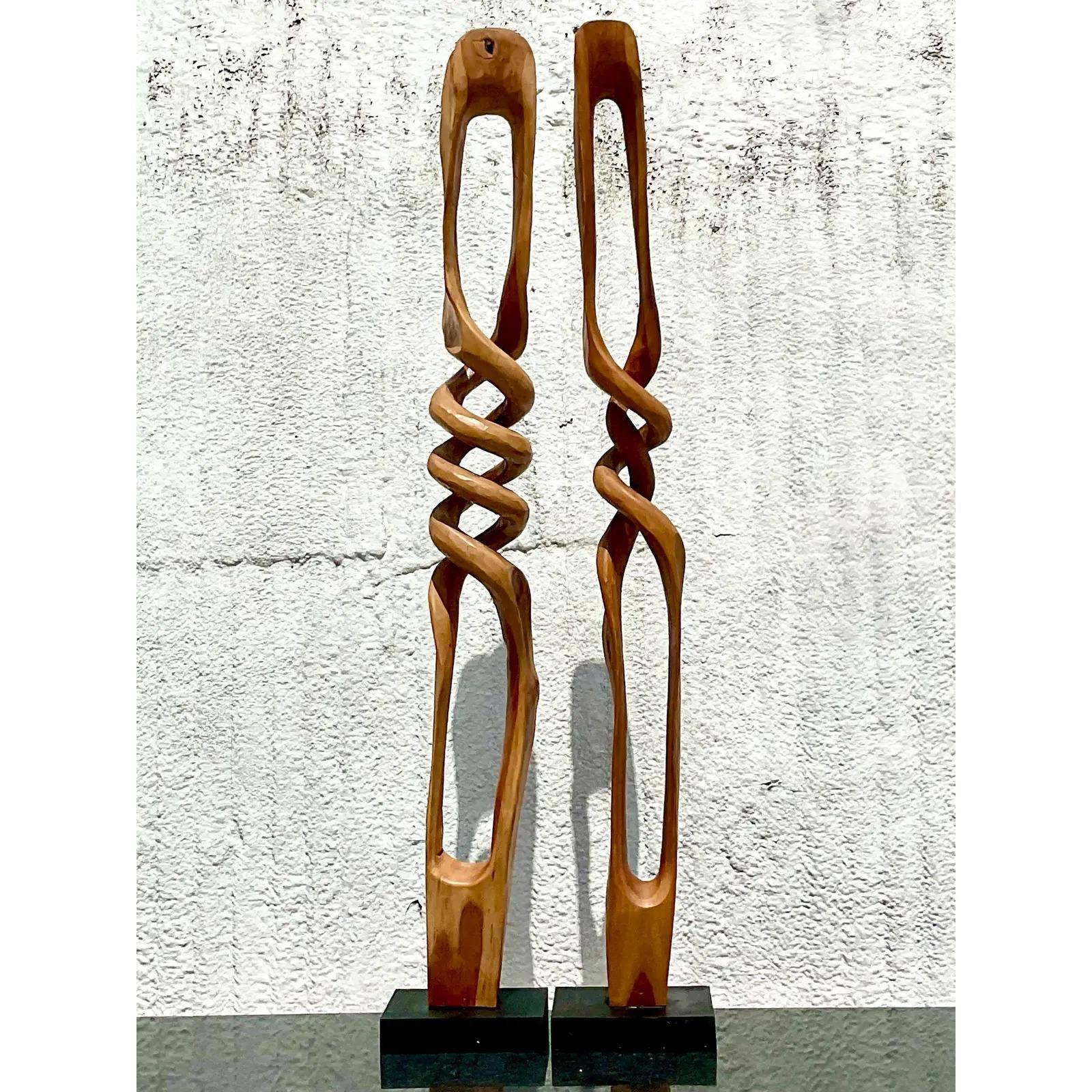 Vintage Coastal Single Piece Abstract Wood Twist Sculptures, a Pair 3