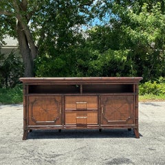 Vintage Coastal Sligh Inset Rattan Credenza