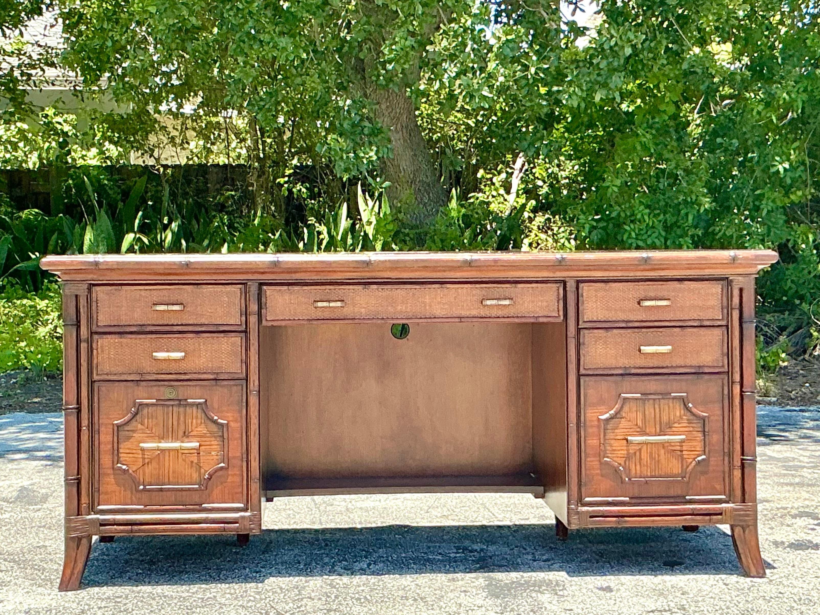 American Vintage Coastal Sligh Woven Rattan Desk