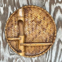 Vintage Coastal Small Woven Rattan and Bamboo Wall Shelf