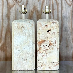 Vintage Coastal Solid Coquina Stone Table Lamps, a Pair