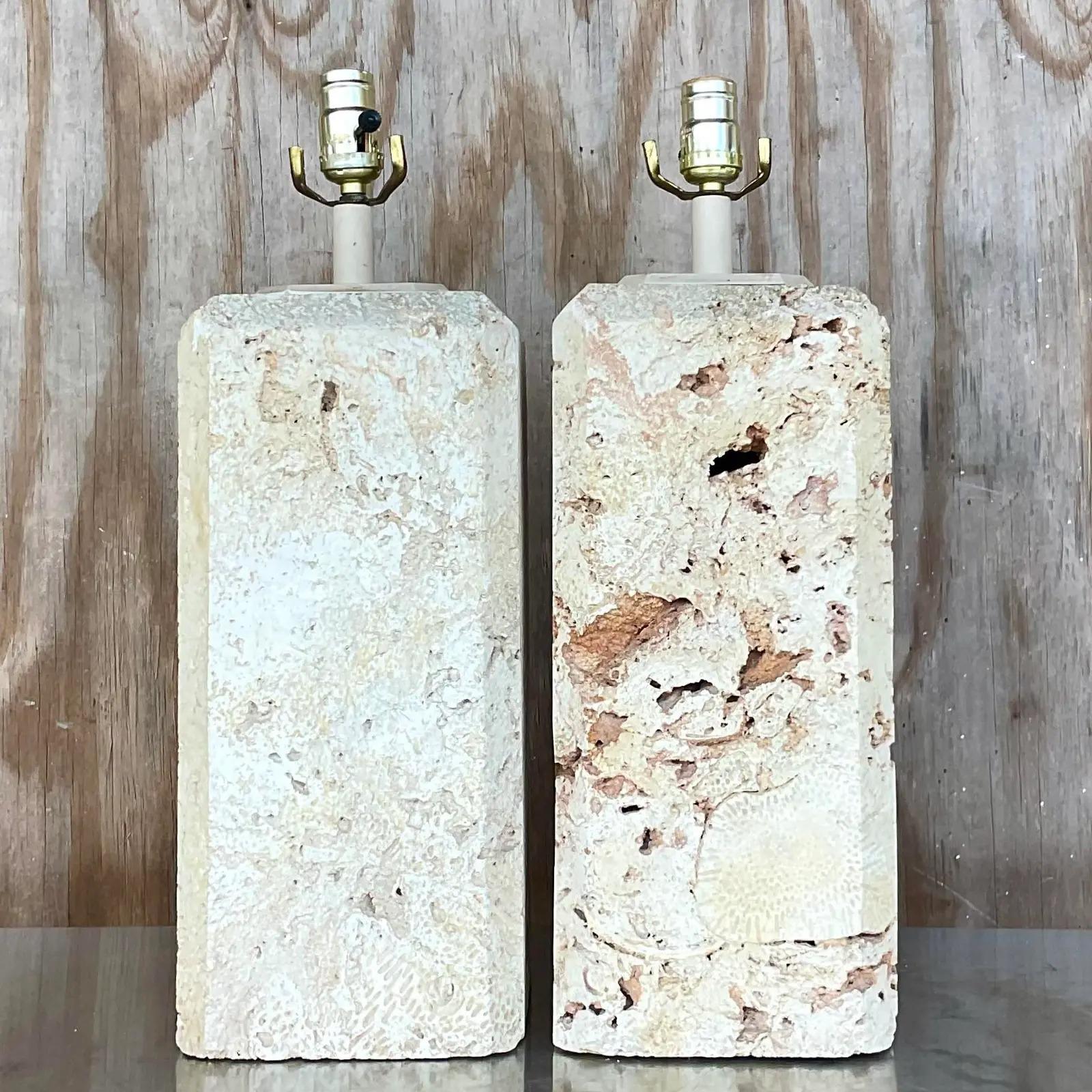 North American Vintage Coastal Solid Coquina Stone Table Lamps, a Pair