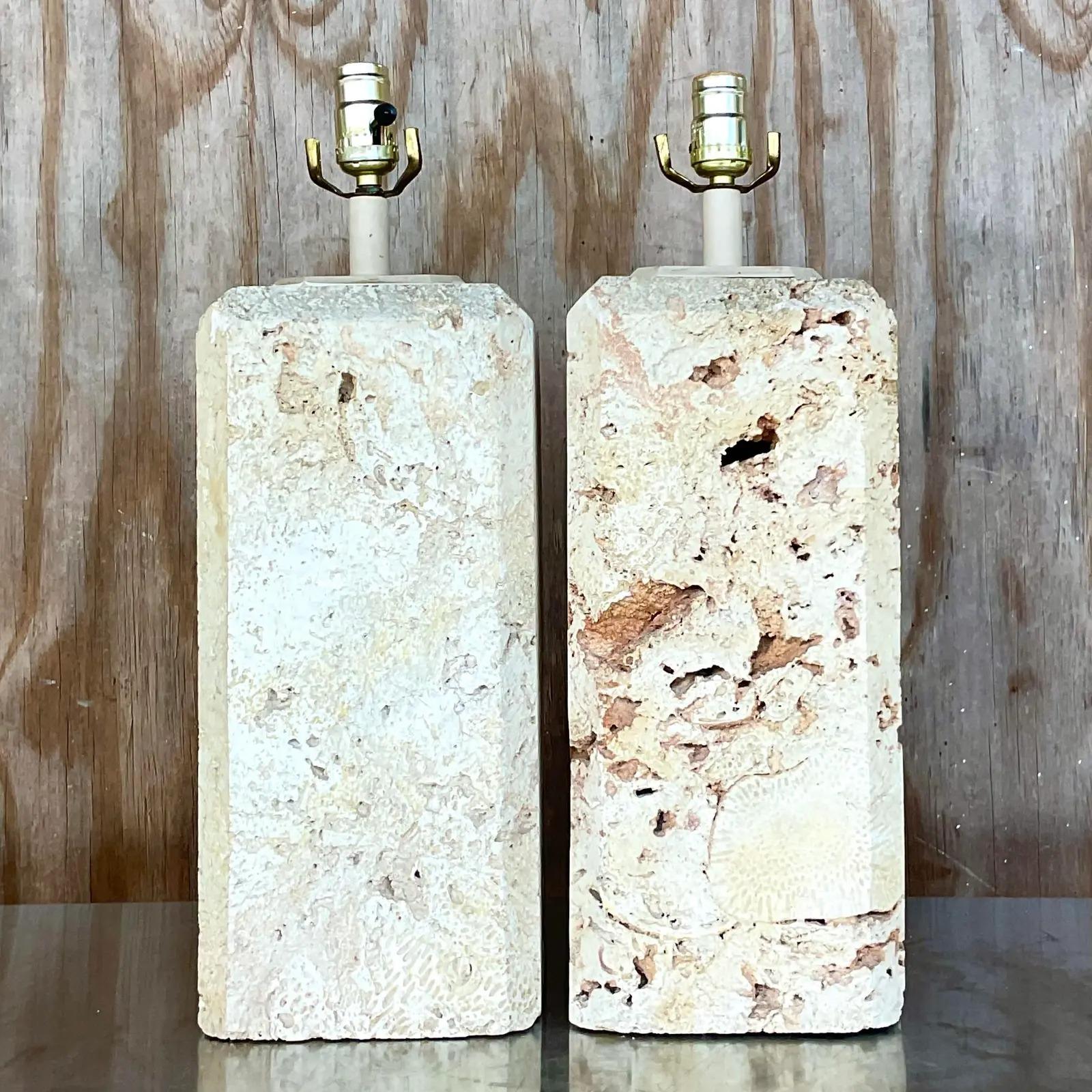 Vintage Coastal Solid Coquina Stone Table Lamps, a Pair In Good Condition In west palm beach, FL
