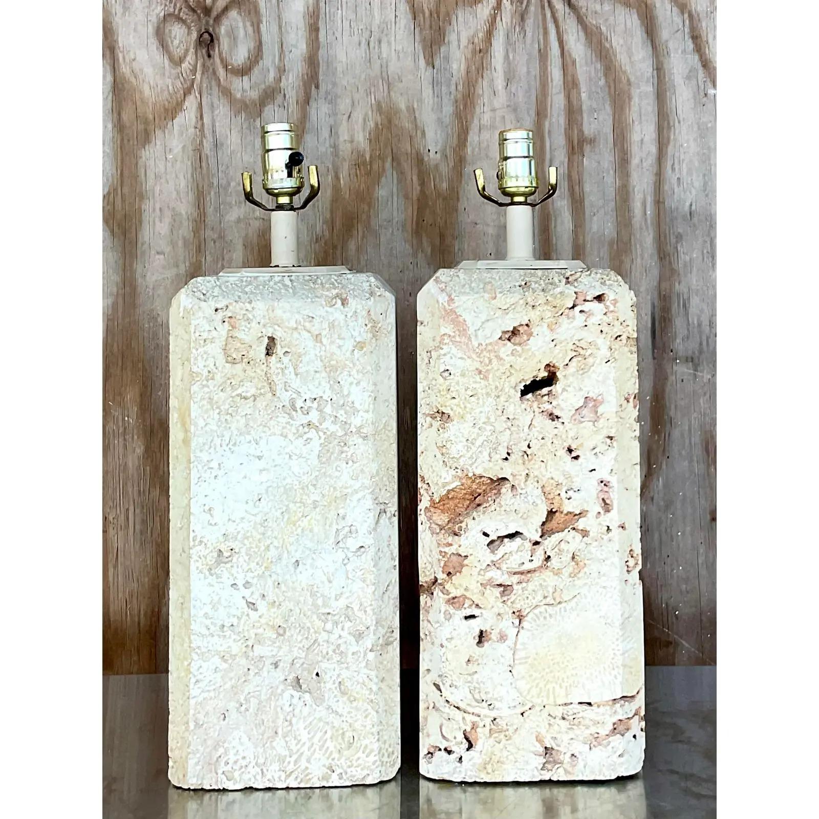 20th Century Vintage Coastal Solid Coquina Stone Table Lamps, a Pair