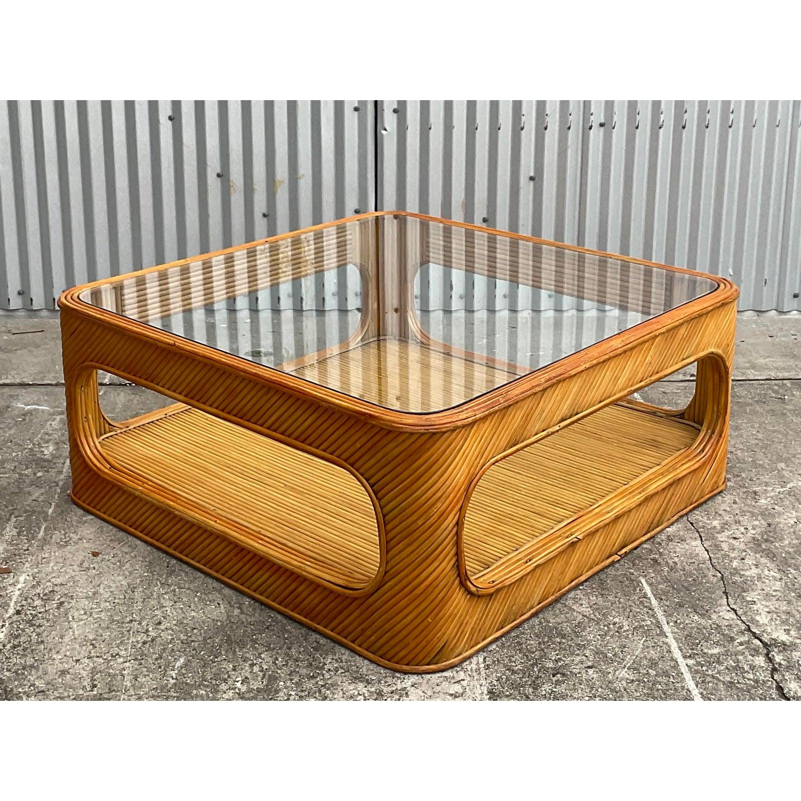 Vintage Coastal Split Bamboo Cutout Coffee Table In Good Condition In west palm beach, FL