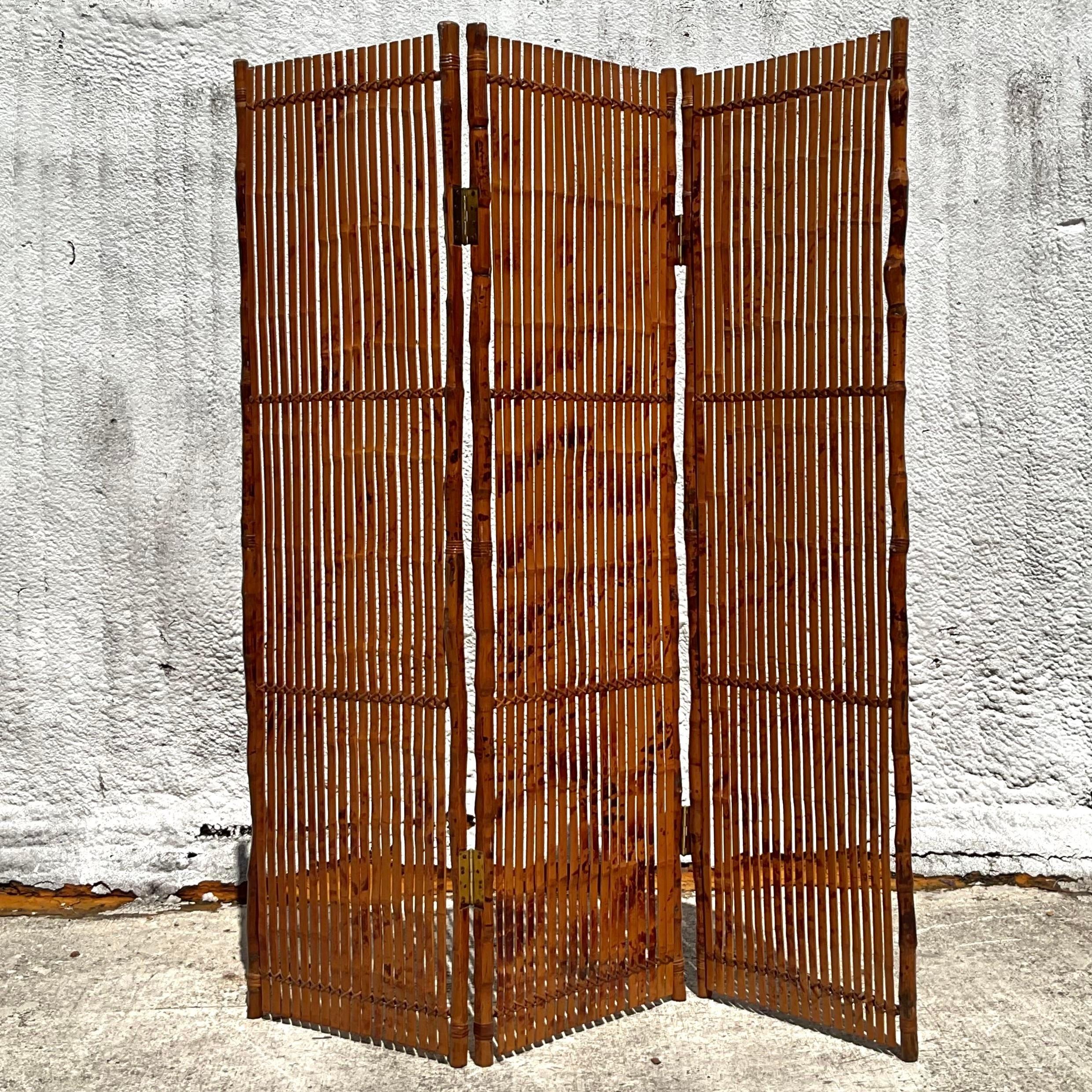 20th Century Vintage Coastal Split Bamboo Folding Screen For Sale