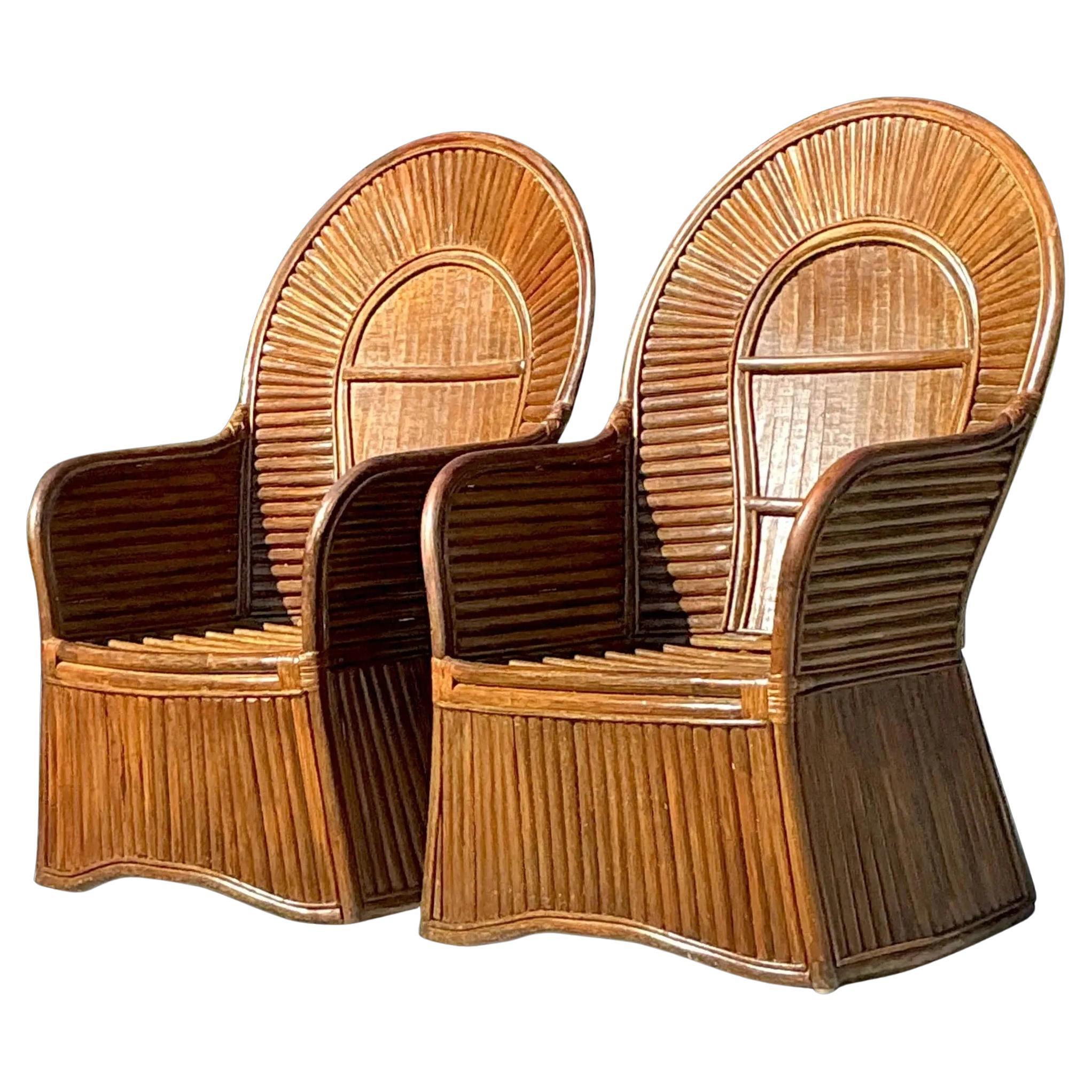 Vintage Coastal Split Rattan Fan Back Chairs - a Pair