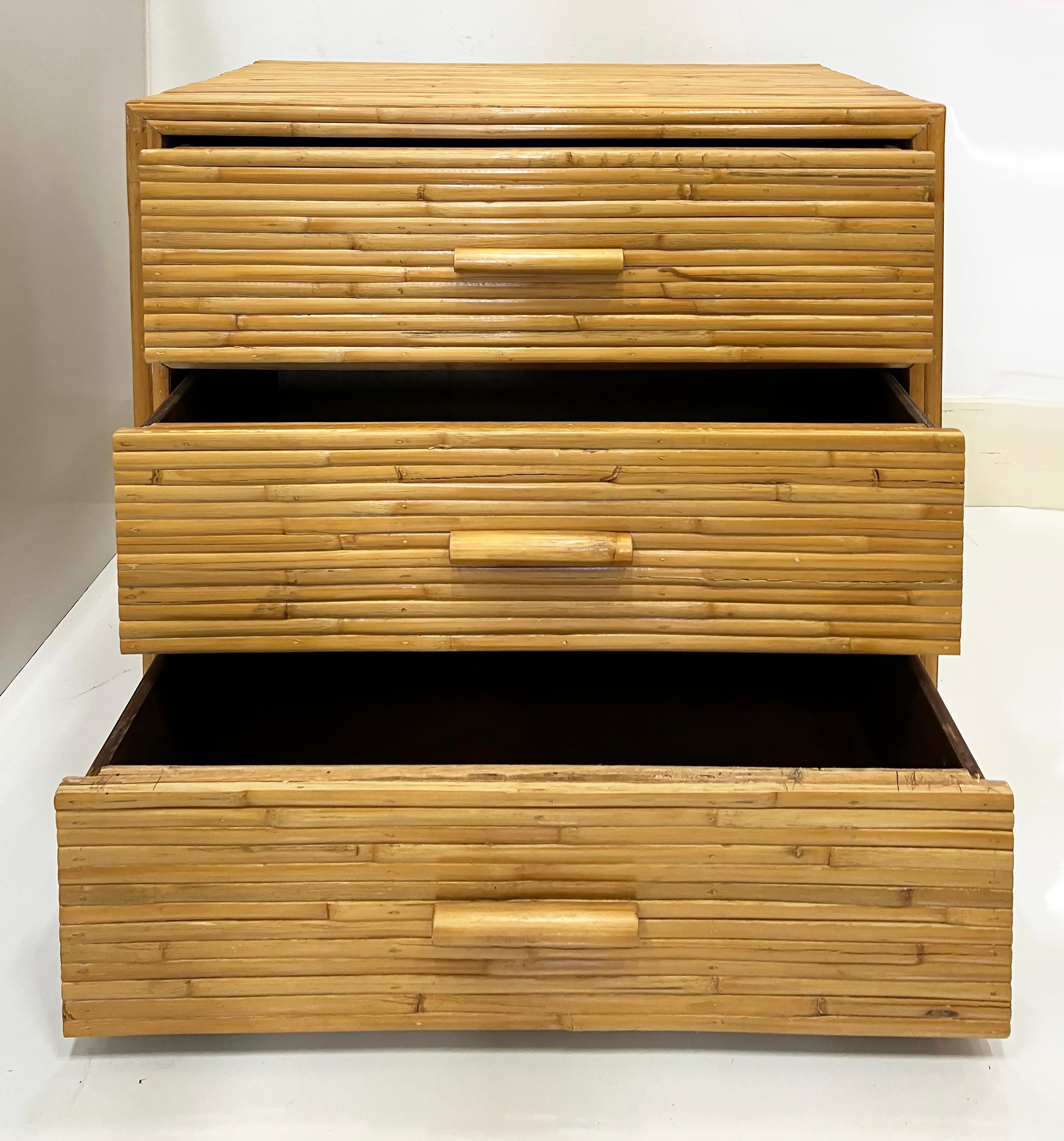20th Century Vintage Coastal Split Rattan Night Stands Commodes, Finished on all Sides, Pair For Sale