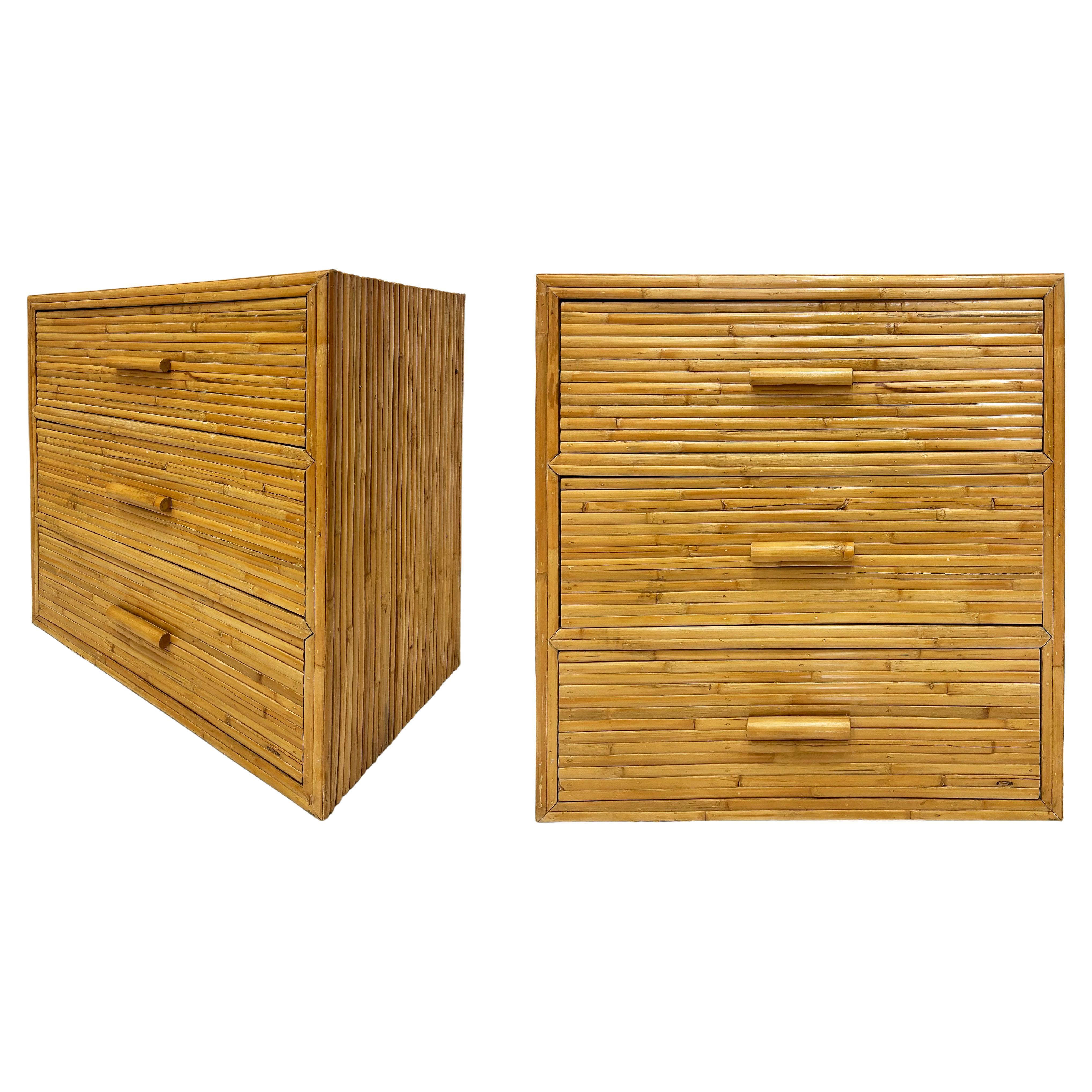 Vintage Coastal Split Rattan Night Stands Commodes, Finished on all Sides, Pair For Sale