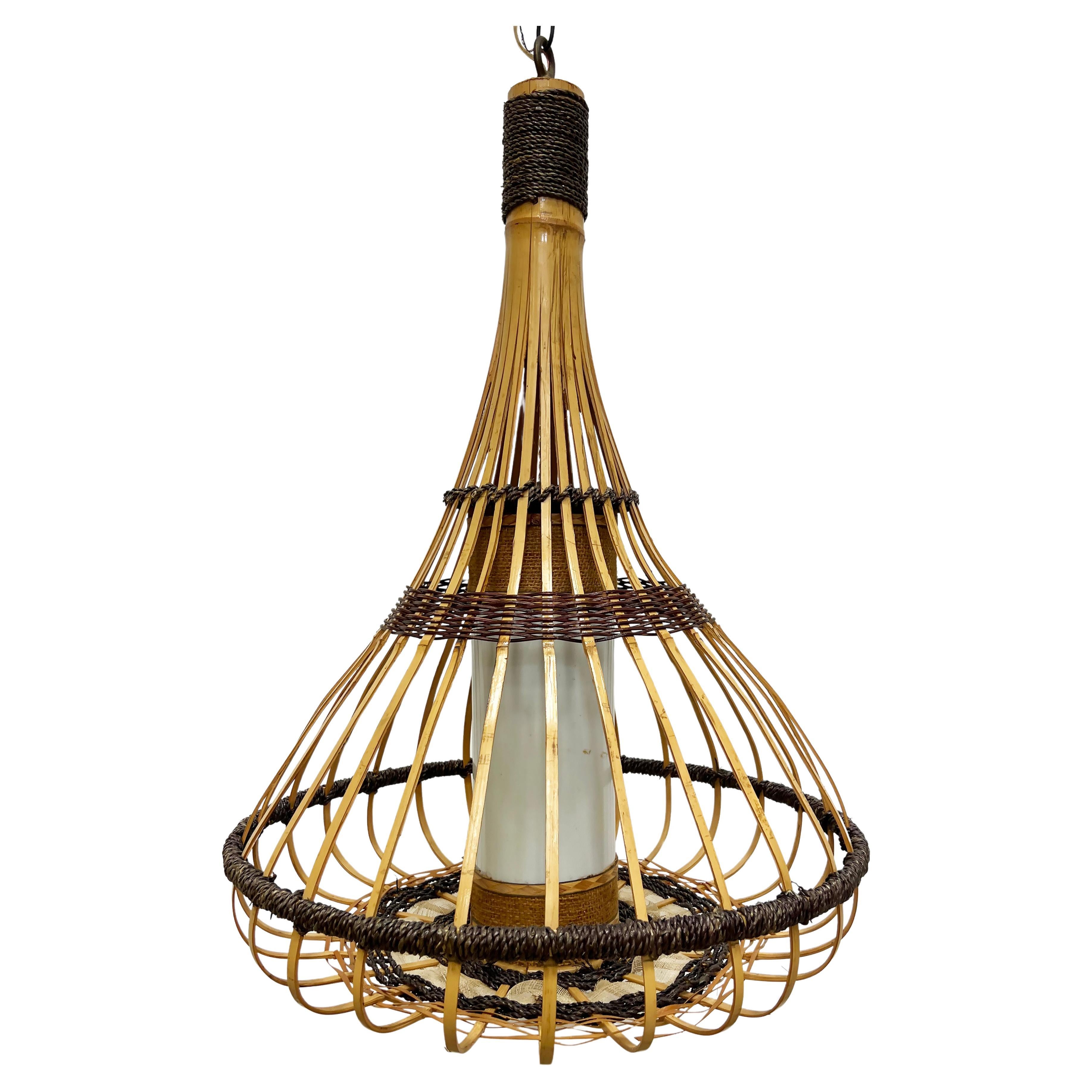 Vintage Coastal Split Rattan Reed Teardrop Pendant Light Fixture