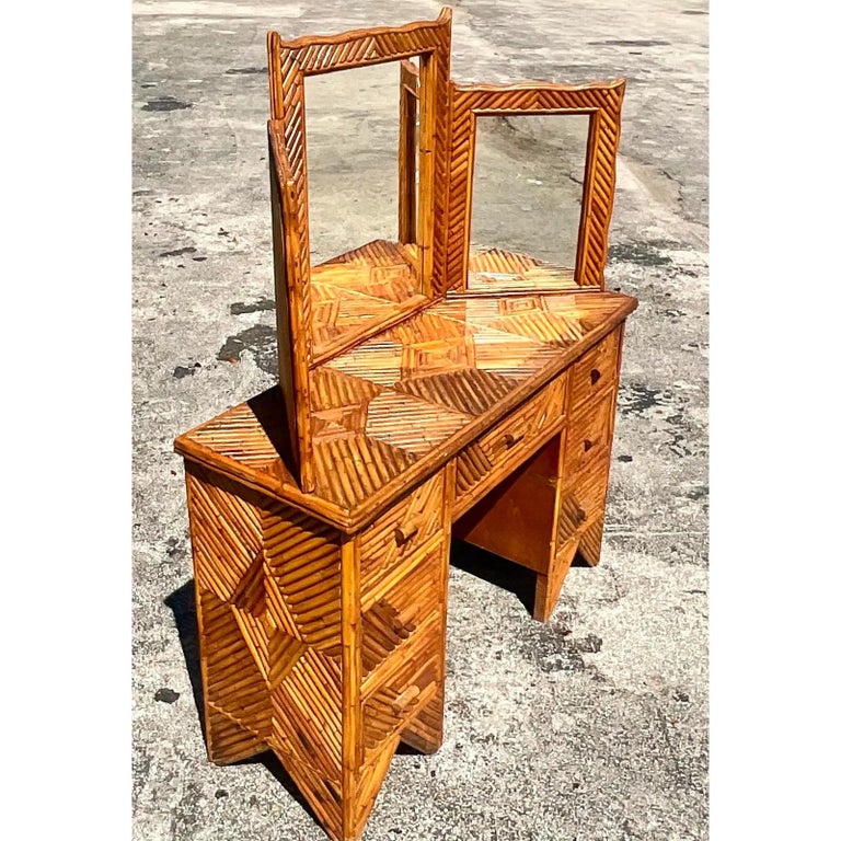 Vintage Coastal Split Rattan Vanity For Sale at 1stDibs